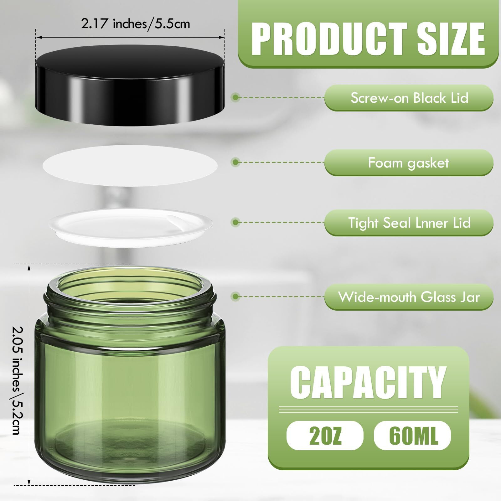 Domensi 48 Pcs 2 Oz Glass Jars With Lids Travel Size Round Leakproof Empty Cosmetic Jars With Inner Liners Lid For Storing Makeup Lotions Face Cream Ointments Candle Diy Making (Olive Green)
