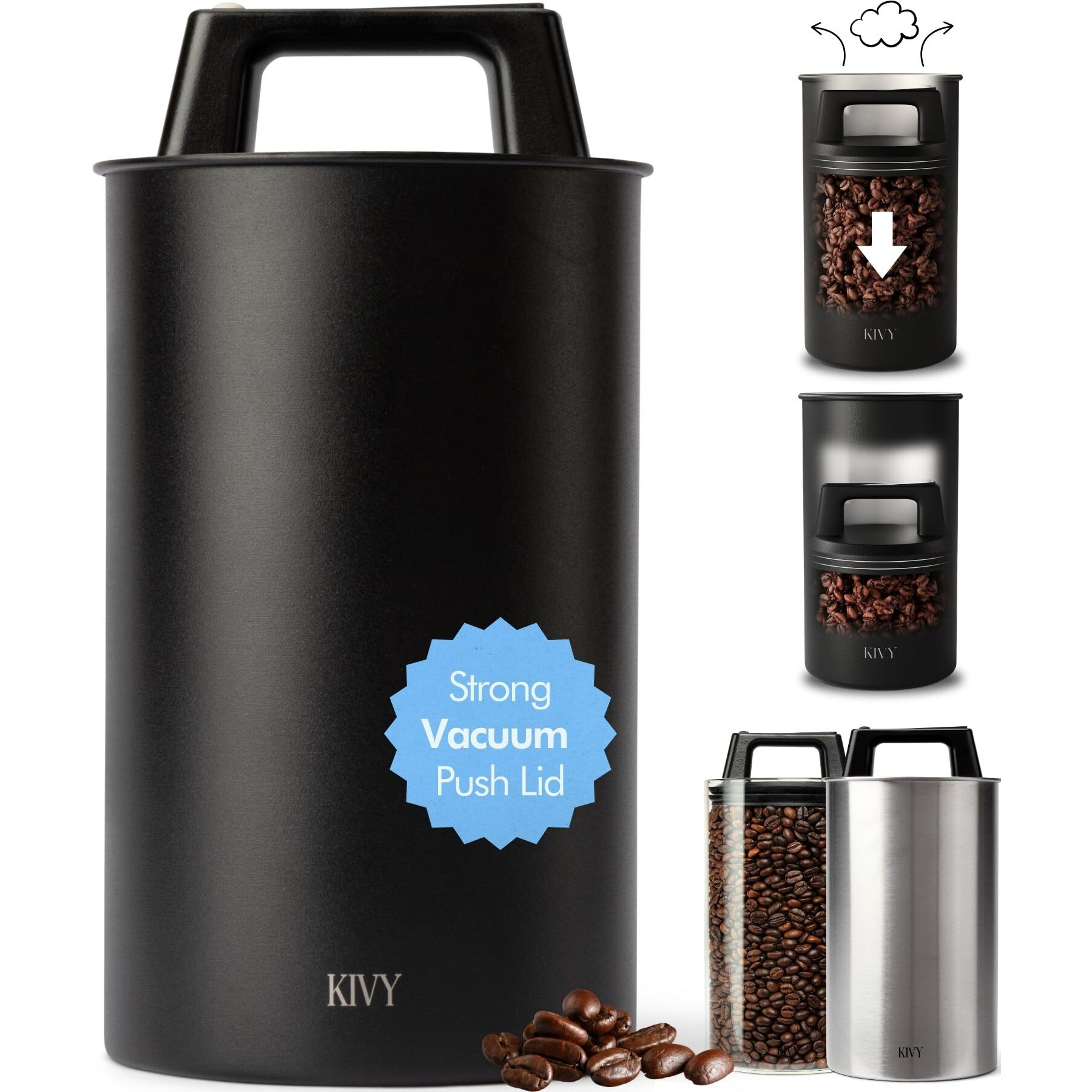 Kivy Vacuum Coffee Canister - Push Lid Preserves Coffee Aroma & Oil - Stainless Steel Airtight Coffee Canister - Container For Ground & Coffee Bean Storage - Removes Excess Air