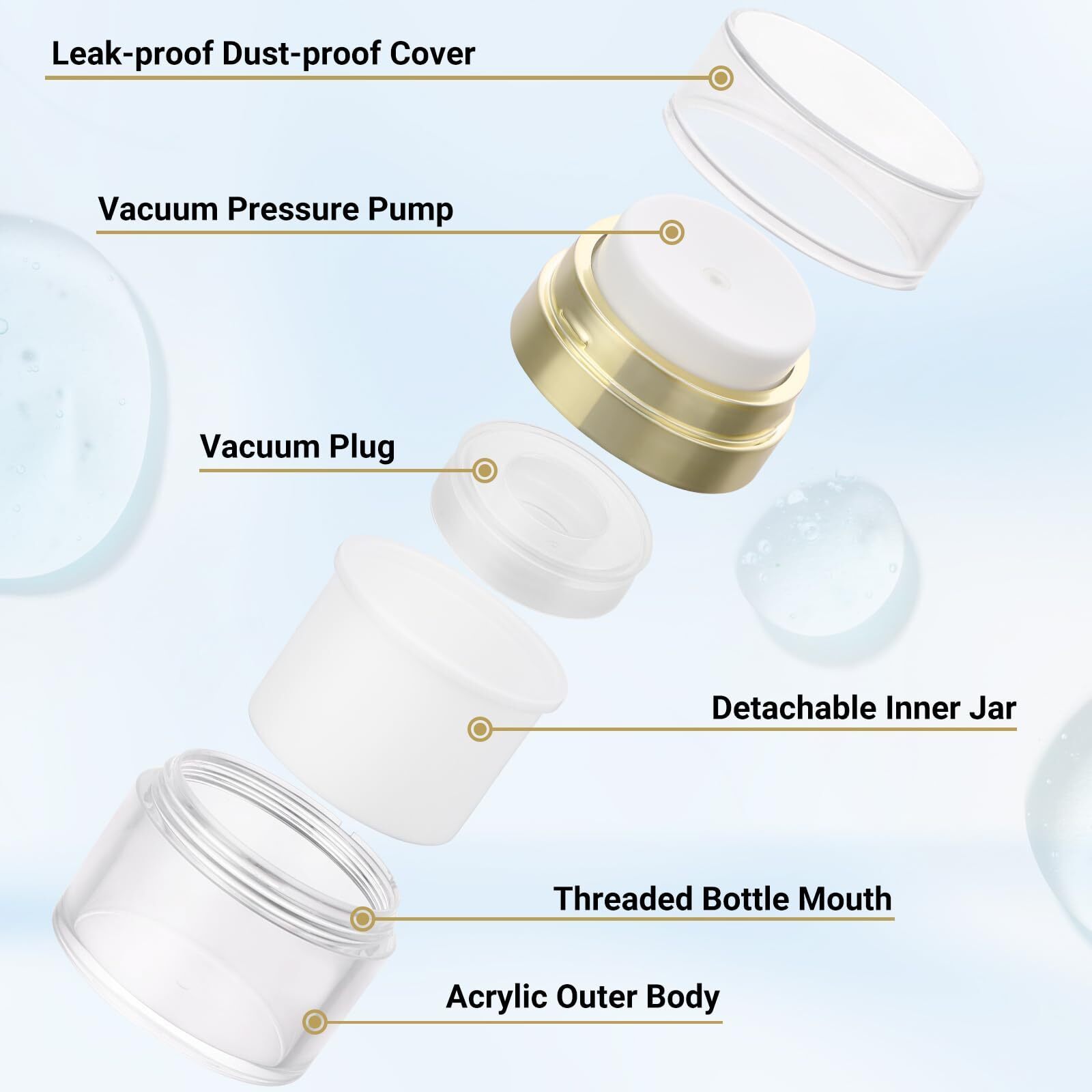 Segbeauty 3Pack Airless Pump Jar Lotion Container, Mixed Pack Empty Cream Subpackage Jar Vacuum Bottle Dispenser, Gold Refillable Cream Vacuum Bottles Travel Size For Lotion Moisturizer Creams
