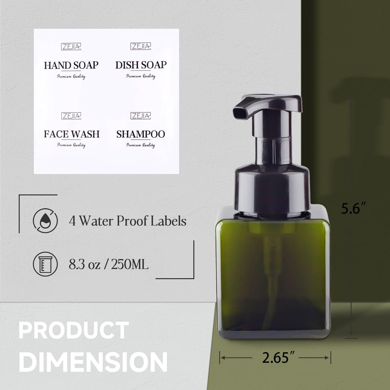 Zejia 250Ml Foaming Soap Dispenser, 2-Pack Plastic Hand Soap Dispenser, Refillable Leakproof Foam Pump Bottle With Waterproof Labels, For Shampoo, Body Wash