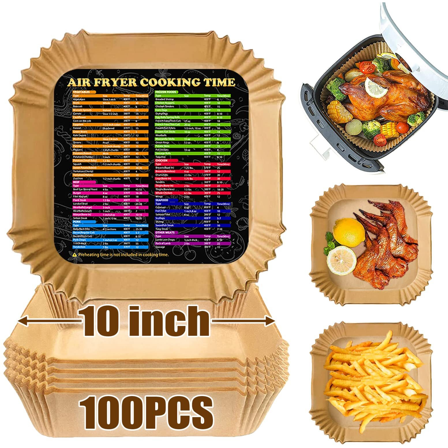 Air Fryer Disposable Paper Liner Square, 10 Inch Large Air Fryer Paper Liner 100Pcs, Non-Stick Parchment Paper Pads Oil Resistant, Waterproof, Food Grade Baking Paper For Roasting Microwave