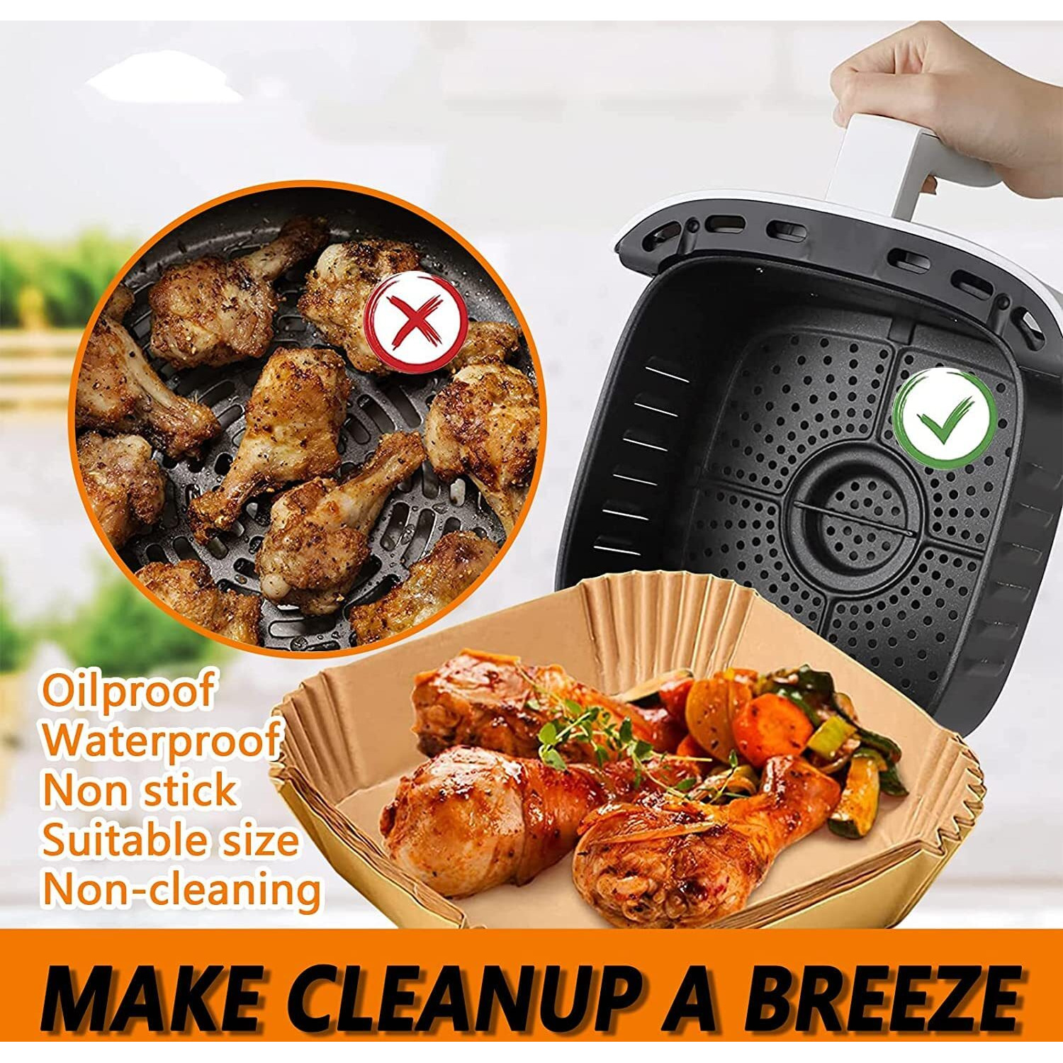 Air Fryer Disposable Paper Liner Square, 10 Inch Large Air Fryer Paper Liner 100Pcs, Non-Stick Parchment Paper Pads Oil Resistant, Waterproof, Food Grade Baking Paper For Roasting Microwave