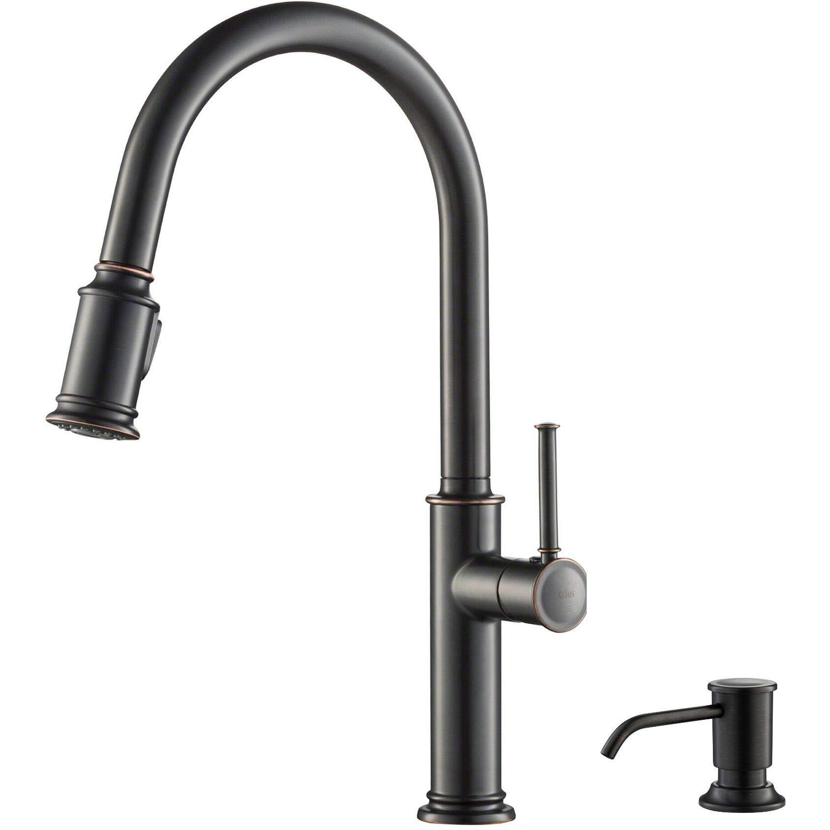 Kraus Sellette Single Handle Pull-Down Kitchen Faucet With Deck Plate And Soap Dispenser In Oil Rubbed Bronze, Kpf-1680Orb-Ksd-80Orb