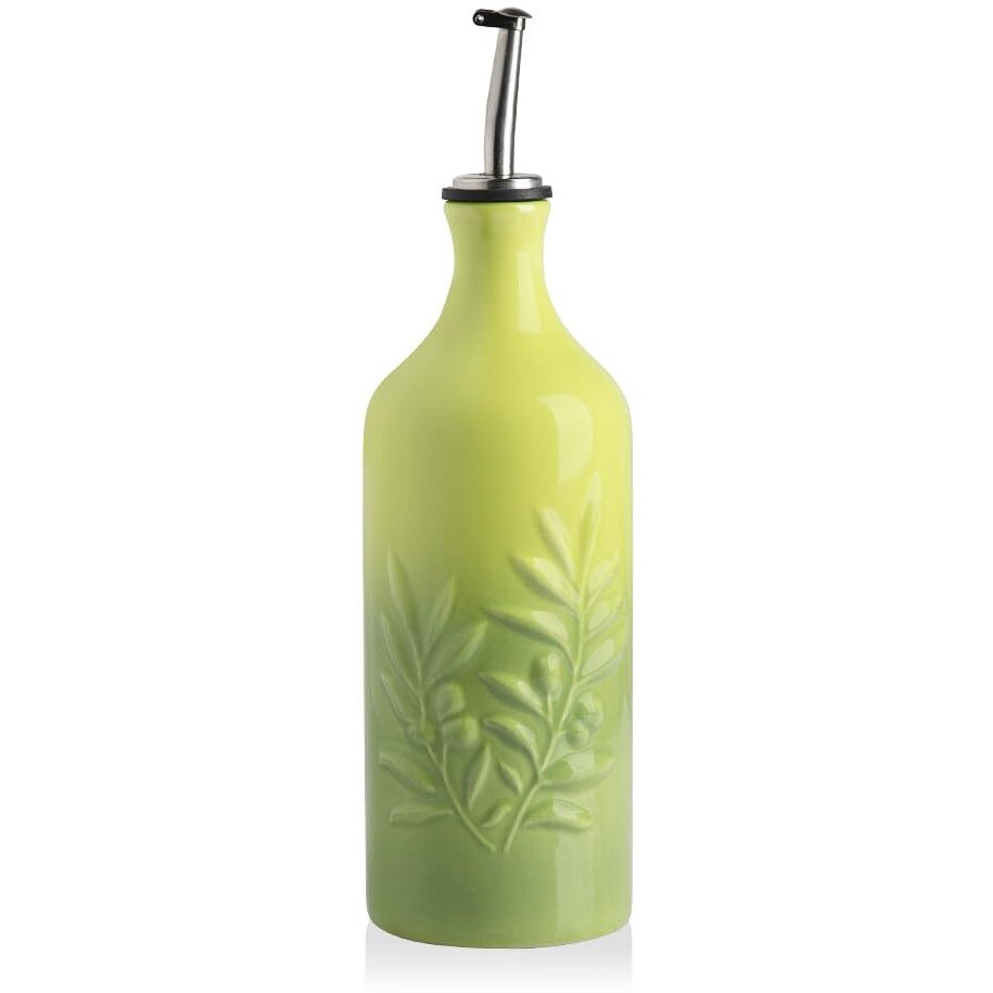 Sweejar Ceramic Olive Oil Dispenser Bottle, 20 Oz Relief Opaque Oil Cruet Protects Oil To Reduce Oxidation, Storage Oil, Vinegar, Soy Sauce, Coffee Syrup, Liquids, Set Of 1 (Gradient Green)