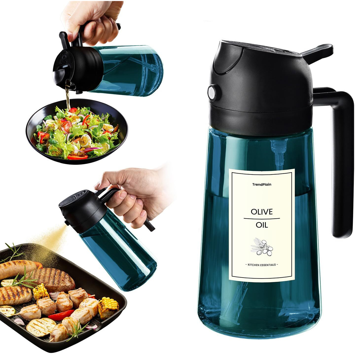 Trendplain 16Oz/470Ml Blue Glass Olive Oil Sprayer For Cooking - 2 In 1 Olive Oil Dispenser For Kitchen Gadgets, Air Fryer, Salad, And Bbq - Navy