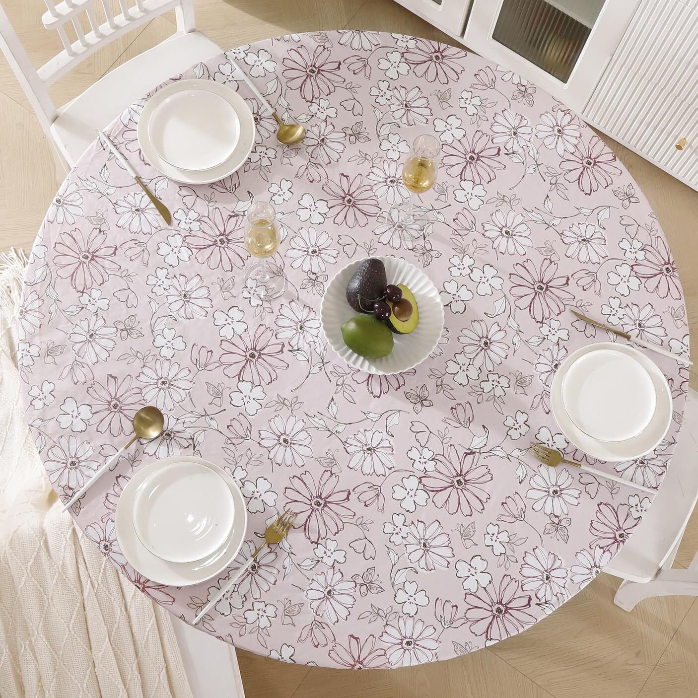 Round Vinyl Fitted Tablecloth With Flannel Backing Elastic Edge Design Table Cover Waterproof Oil-Proof Pvc Table Cloth Stain-Resistant Best For 45""-56"" Round