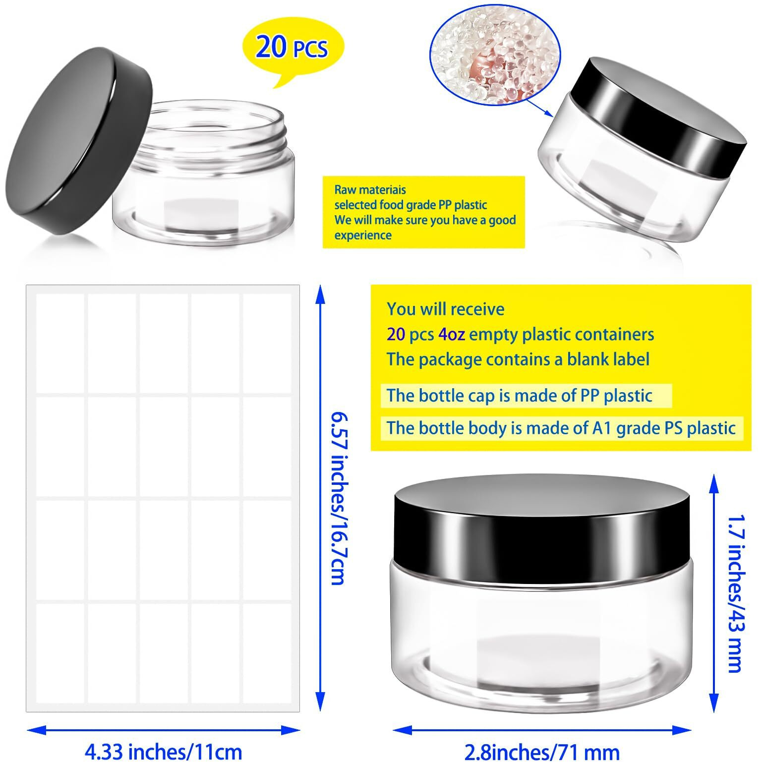 Motbach 20 Pack 4Oz Plastic Jars With Lids, 120Ml Round Clear Cosmetic Containers Makeup Jars,Travel Size Containers Jar For Lotion Cream Eyeshadow Samples Ointment Salve Balm Powder Travel Storage