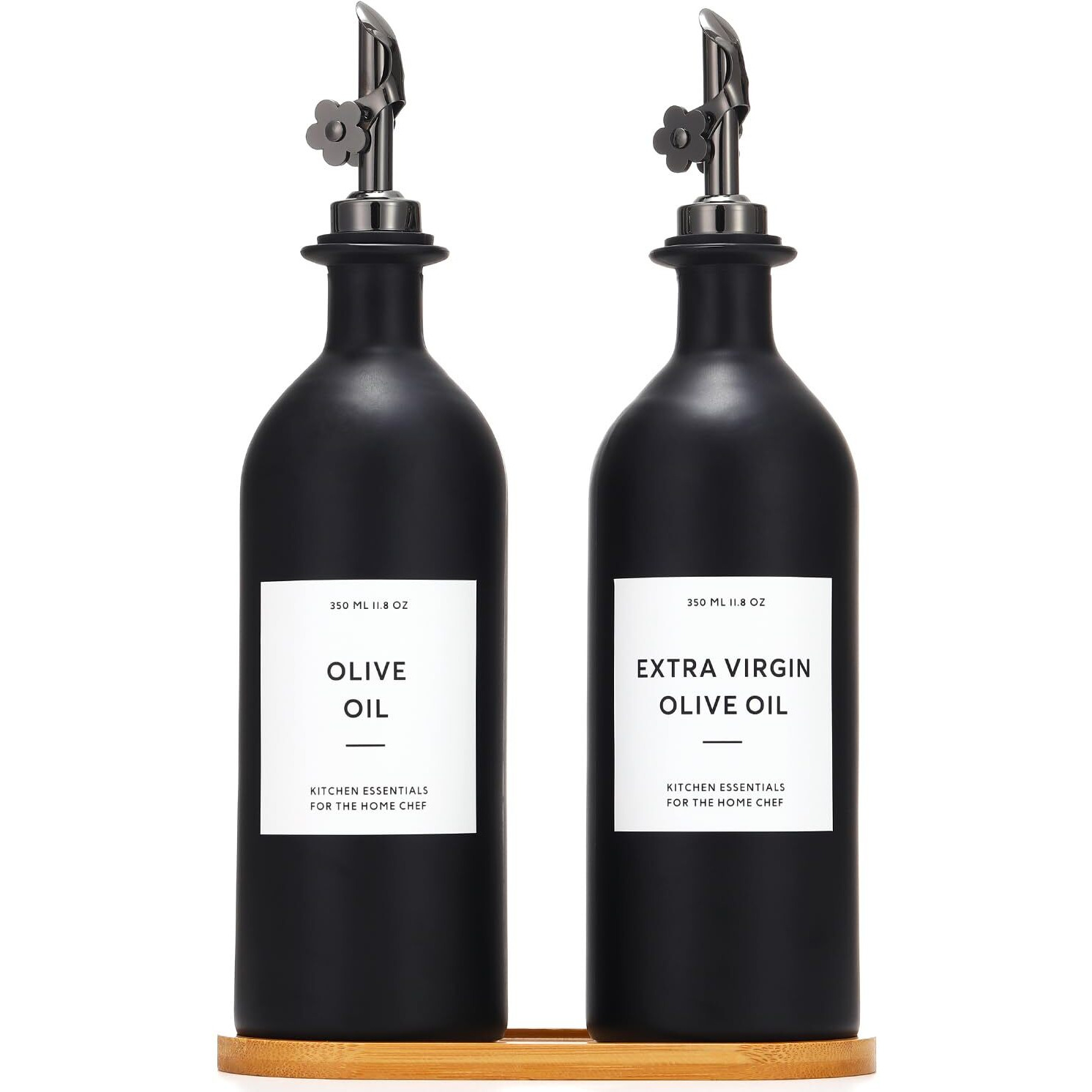 Homcdaly Olive Oil Dispenser For Kitchen, 16Oz Glass Oil Bottles With Bamboo Tray, Black Oil&Vinegar Cruet Set, Kitchen Dispenser Bottles With Pourer | Set Of 2 (16Oz - Black)