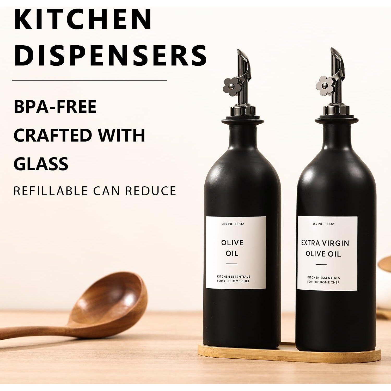Homcdaly Olive Oil Dispenser For Kitchen, 16Oz Glass Oil Bottles With Bamboo Tray, Black Oil&Vinegar Cruet Set, Kitchen Dispenser Bottles With Pourer | Set Of 2 (16Oz - Black)