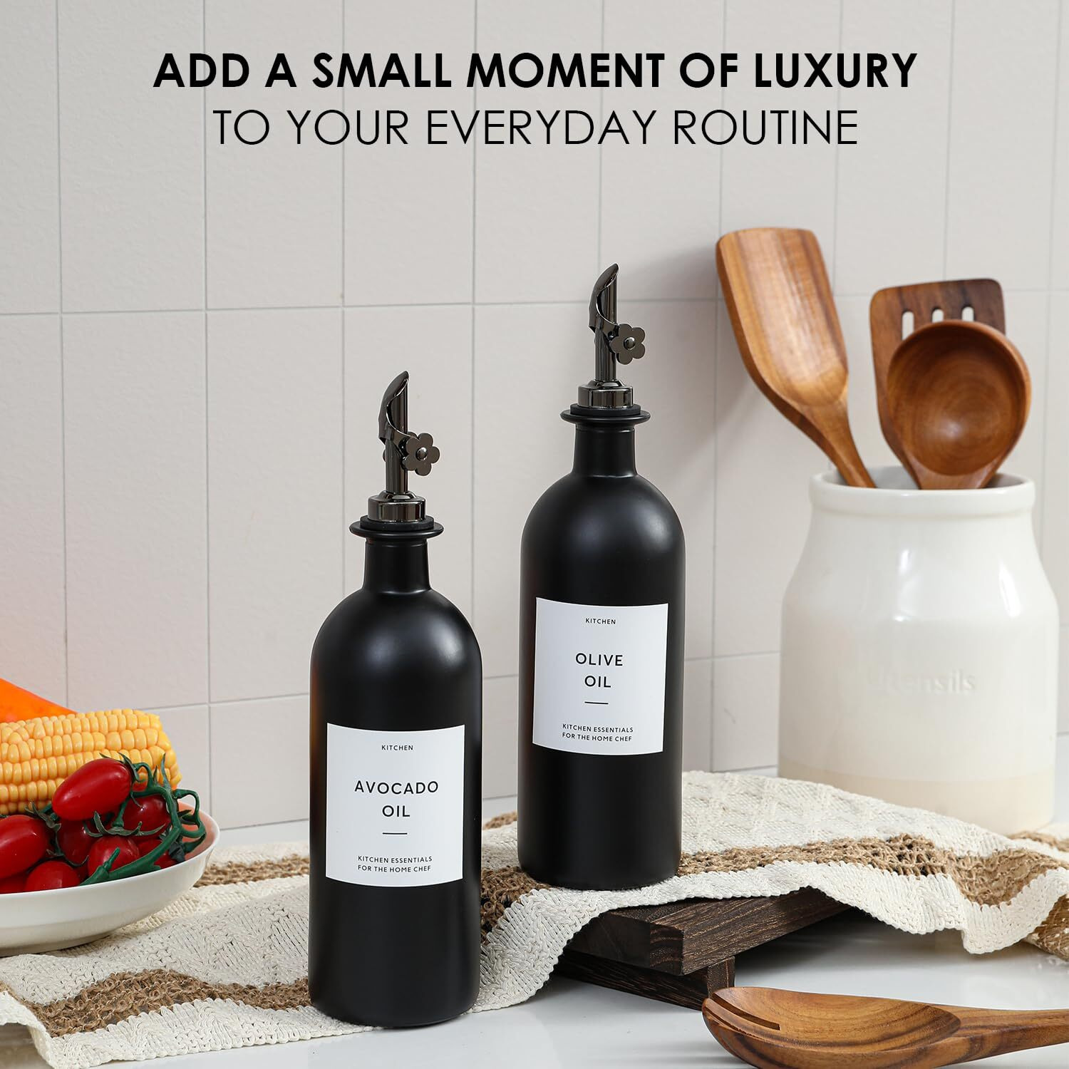 Homcdaly Olive Oil Dispenser For Kitchen, 16Oz Glass Oil Bottles With Bamboo Tray, Black Oil&Vinegar Cruet Set, Kitchen Dispenser Bottles With Pourer | Set Of 2 (16Oz - Black)