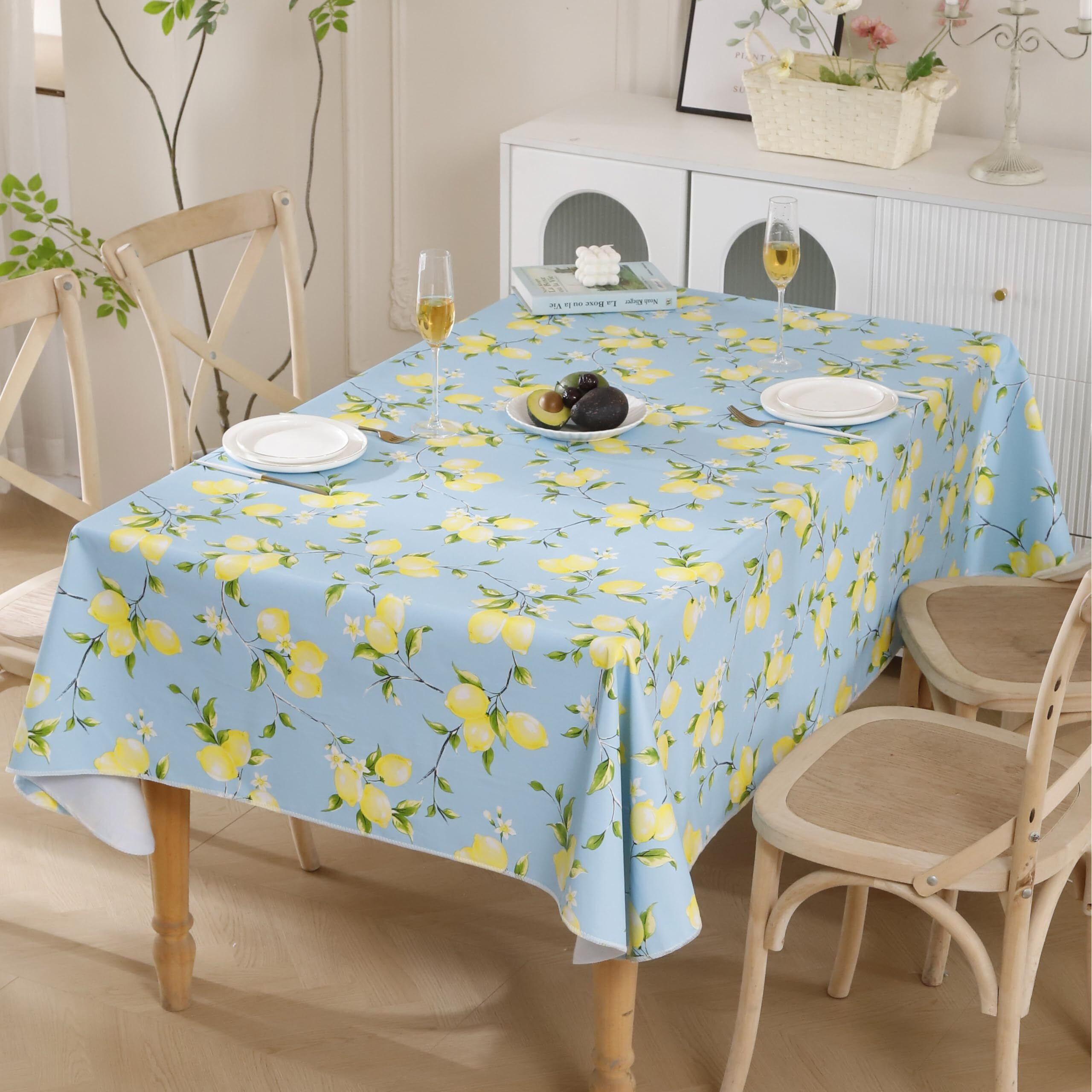 Heavy Duty Vinyl Tablecloth With Flannel Backing Waterproof Oil-Proof Plastic Table Cloth Stain-Resistant Wipeable Rectangle Or Square Table Cover For Indoor And Outdoor (Lemon, 60X102 Inch)