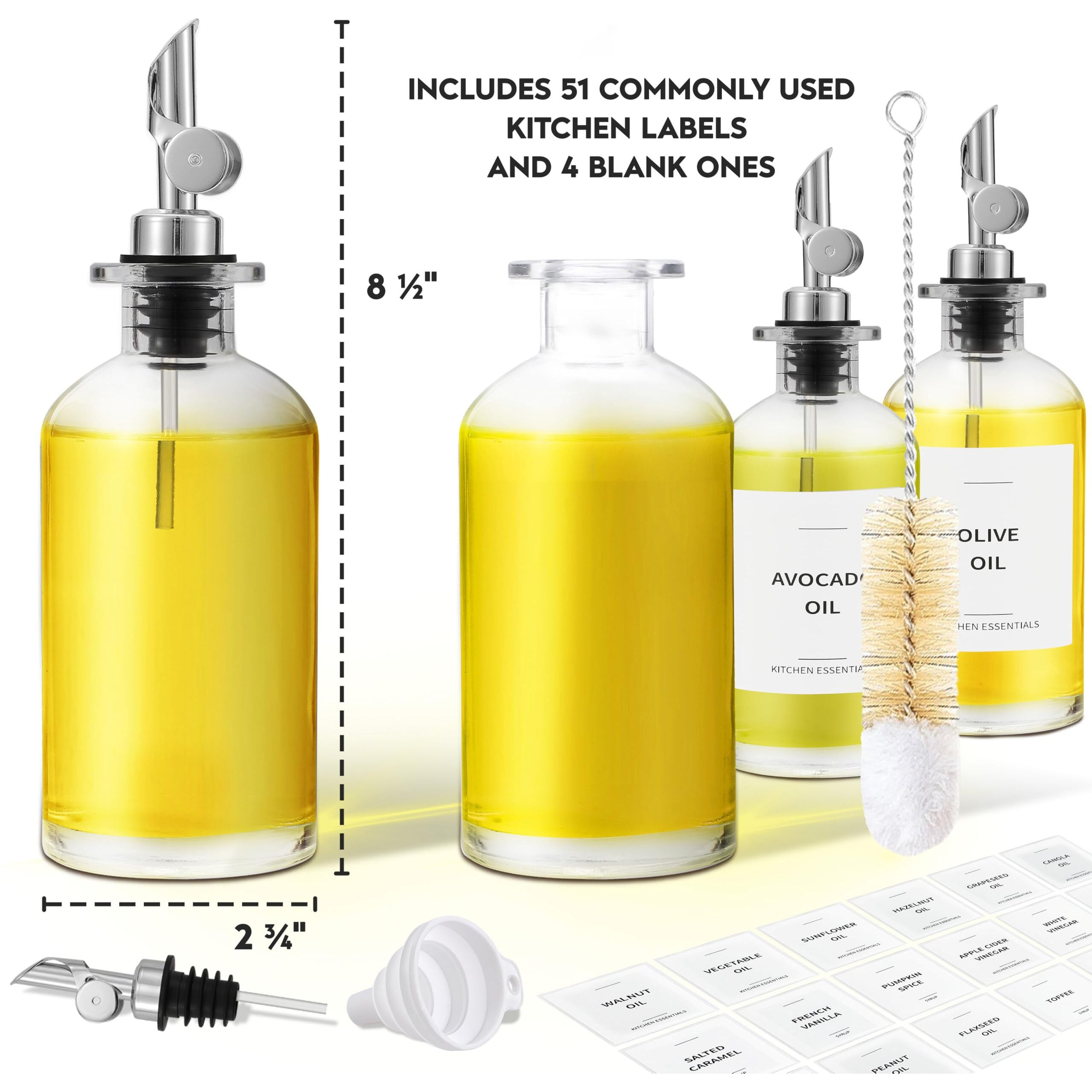 Spaceneat Olive Oil Dispenser Bottle - Includes 55 Kitchen Essential Labels - Cooking Oil Bottles For Kitchen, Coffee Syrup Dispenser - Pourer Spout With 11.8 Fl Oz Glass Container Cruet - 4Pcs Silver