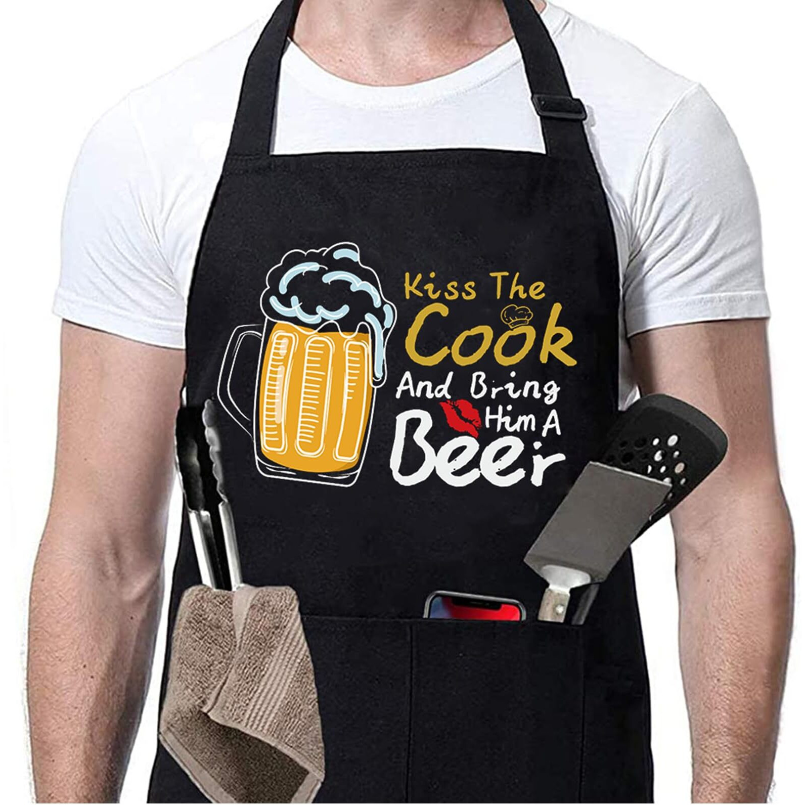 Zooron Funny Black Chef Aprons For Men Adjustable Bbq Kitchen Cooking Aprons With Pocket Waterproof Oil Proof Fathers Day/Birthday - Kiss The Cook And Bing Him A Beer