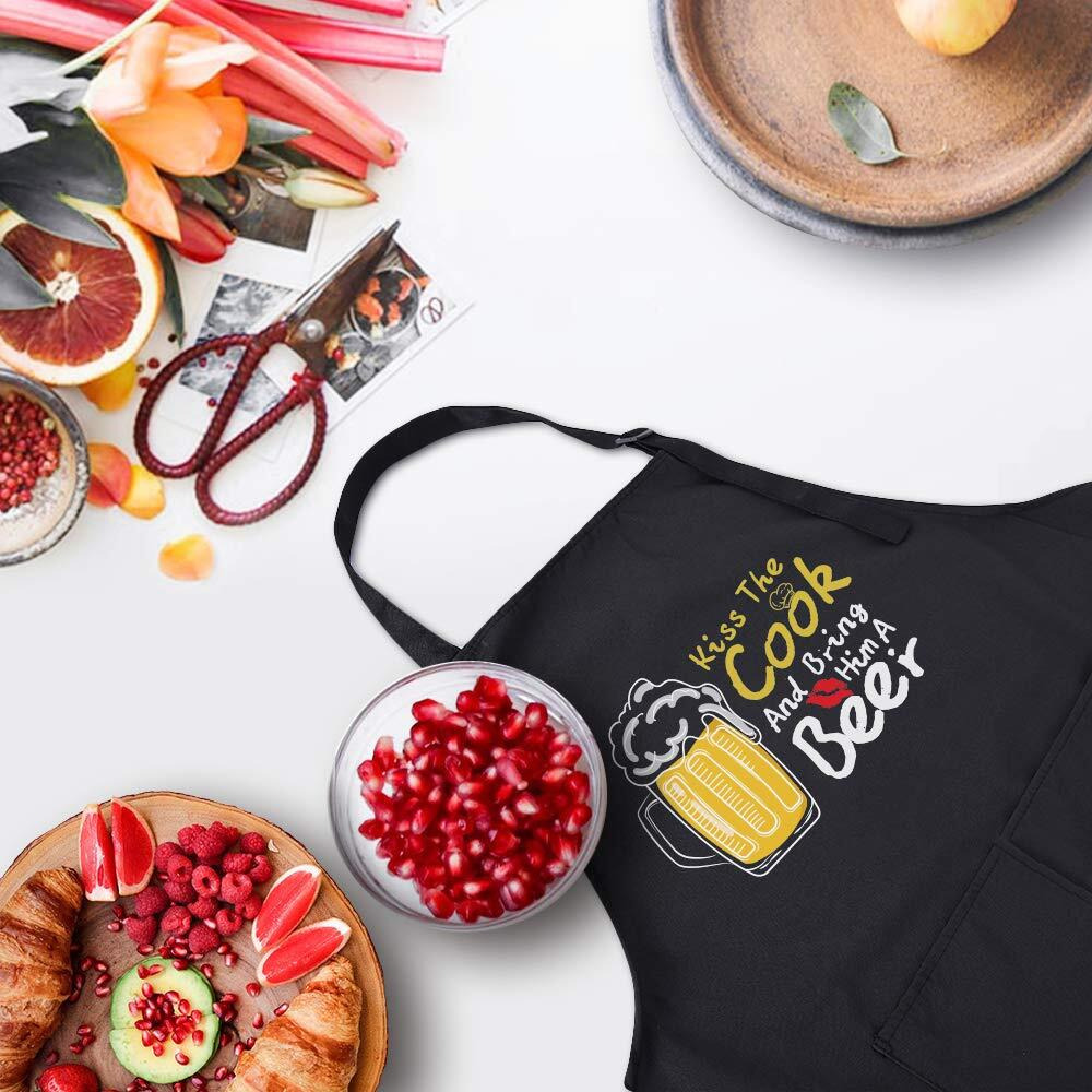 Zooron Funny Black Chef Aprons For Men Adjustable Bbq Kitchen Cooking Aprons With Pocket Waterproof Oil Proof Fathers Day/Birthday - Kiss The Cook And Bing Him A Beer