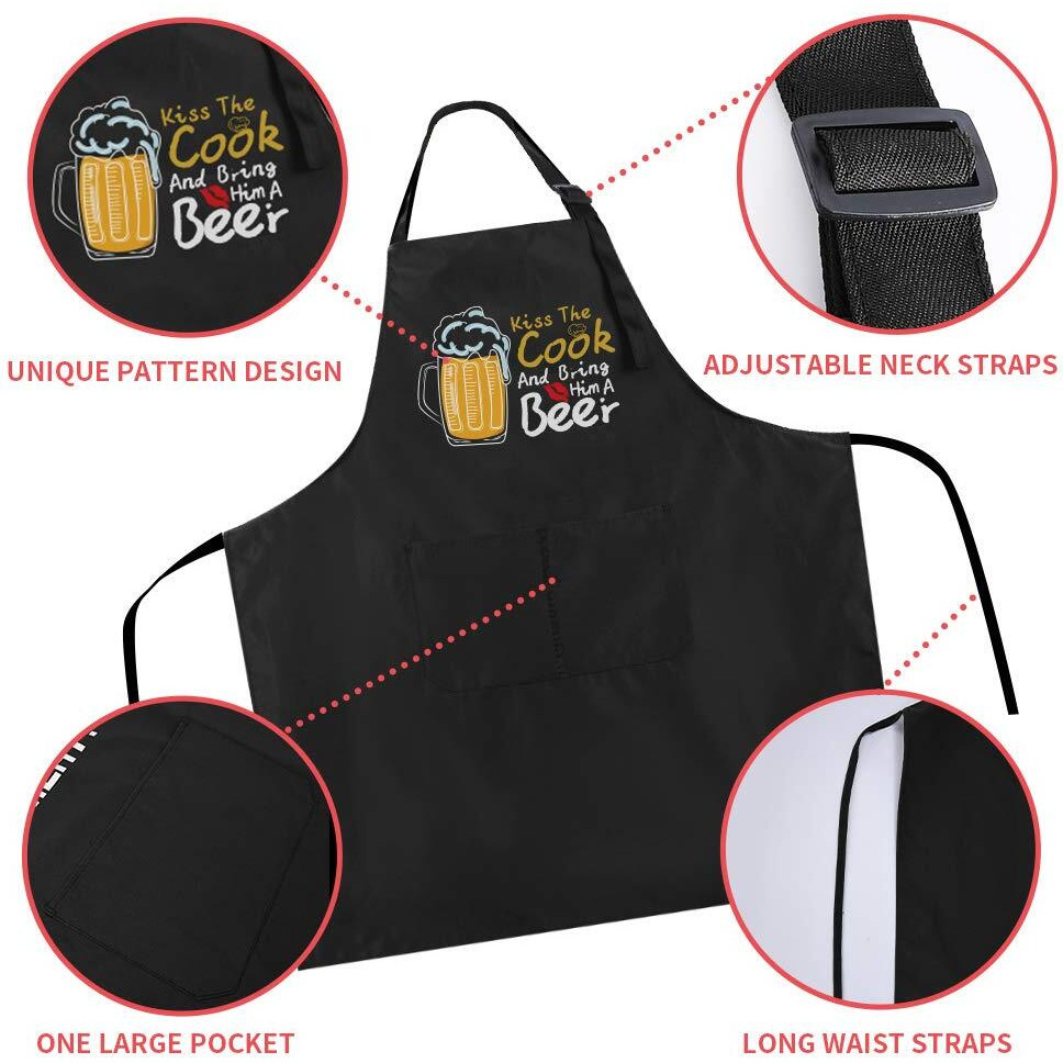 Zooron Funny Black Chef Aprons For Men Adjustable Bbq Kitchen Cooking Aprons With Pocket Waterproof Oil Proof Fathers Day/Birthday - Kiss The Cook And Bing Him A Beer