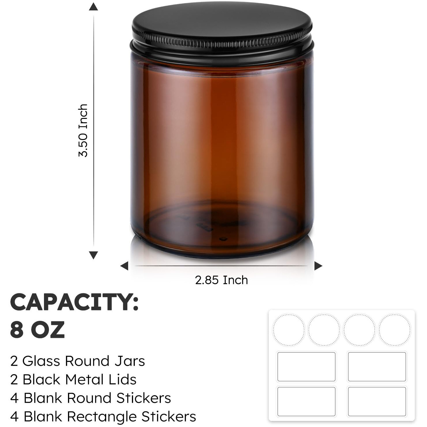 8Oz Glass Jars With Metal Lids, 2 Pack Candle Jars With Blank Labels, 250G Amber Wide Mouth | Cosmetic Containers For Sample, Cream, Lotion, Honey, Powder, Jelly | Kitchen & Home
