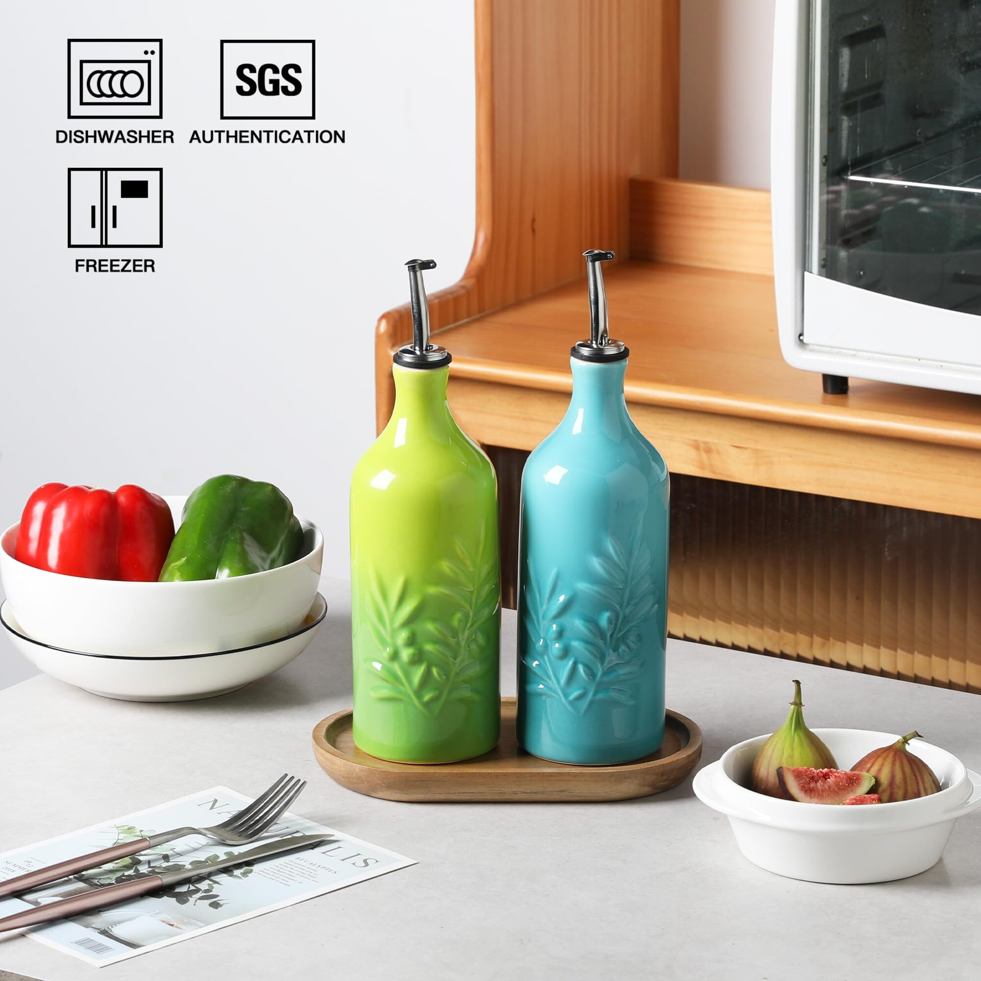 Sweejar Ceramic Olive Oil Dispenser Bottle, 20 Oz Relief Opaque Oil Cruet Protects To Reduce Oxidation, Suitable For Storage, Vinegar, Soy Sauce,Liquids,Set Of 2 (Gradient Blue Gradient Green)