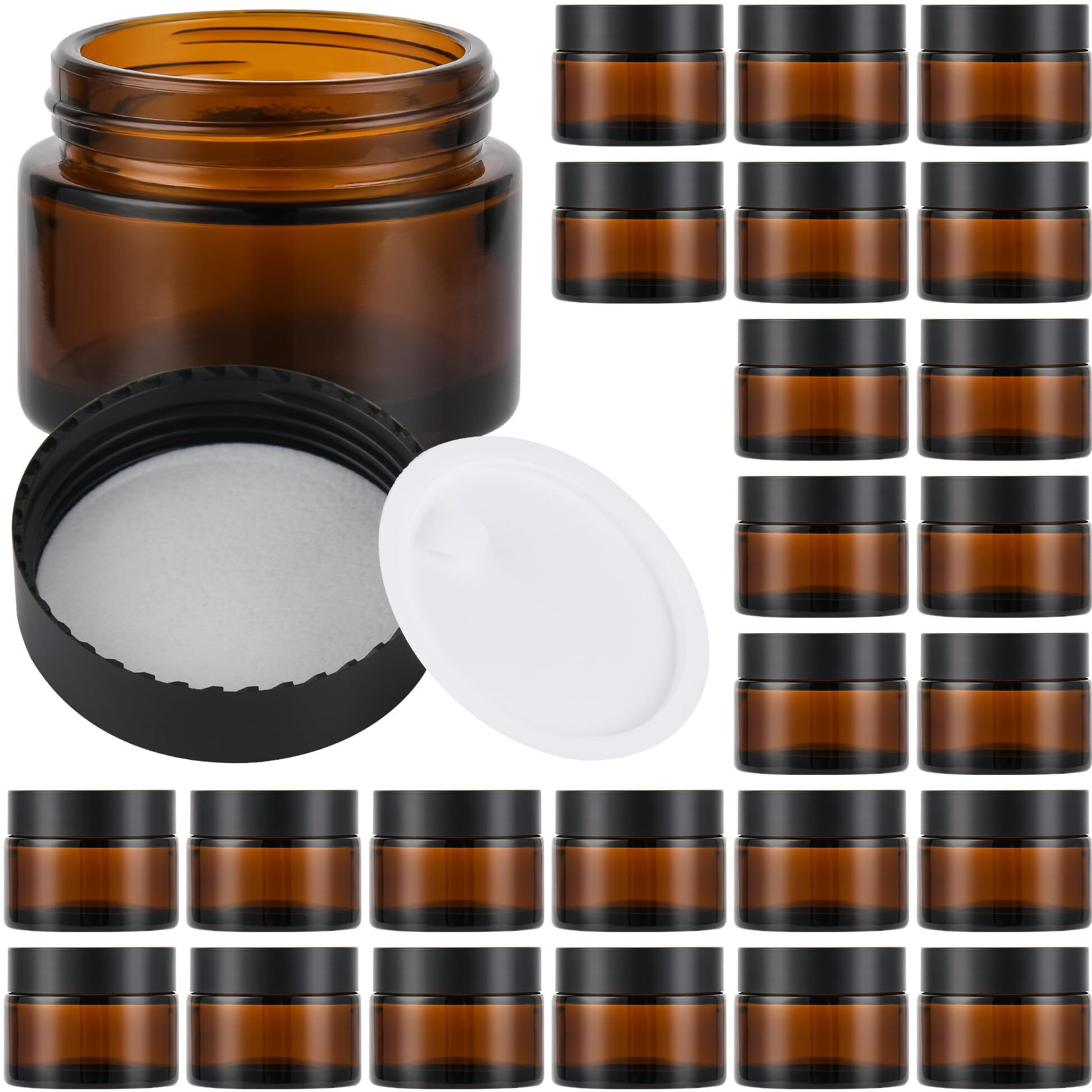 Glass Jars With Lids,Eco-Friendly Cosmetic Containers With Airtight Black Lids & Liners, Multi-Color Options For Cream, Lotion, Body Butter, Diy Skincare Travel Jars (Amber, 2Oz)