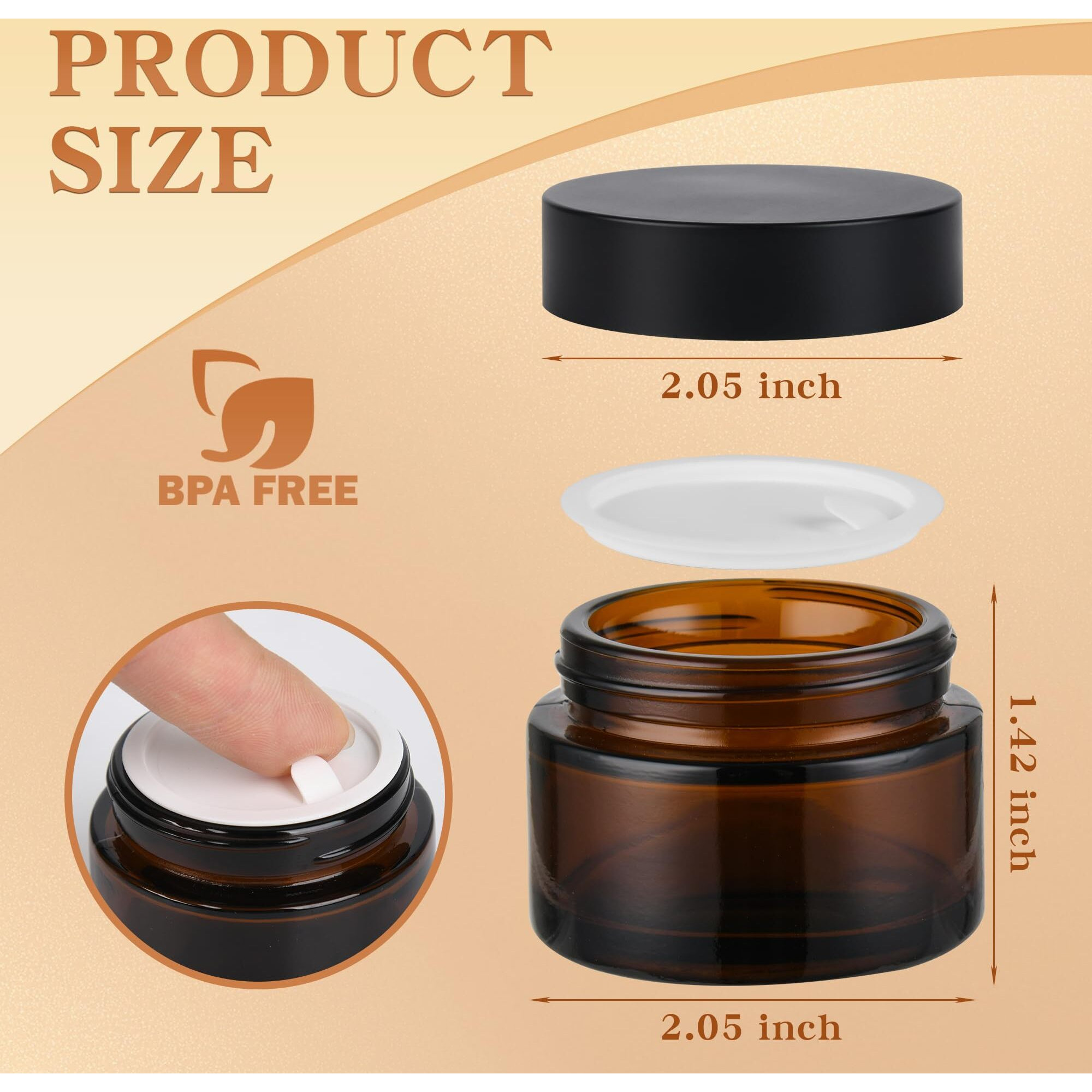 Glass Jars With Lids,Eco-Friendly Cosmetic Containers With Airtight Black Lids & Liners, Multi-Color Options For Cream, Lotion, Body Butter, Diy Skincare Travel Jars (Amber, 2Oz)