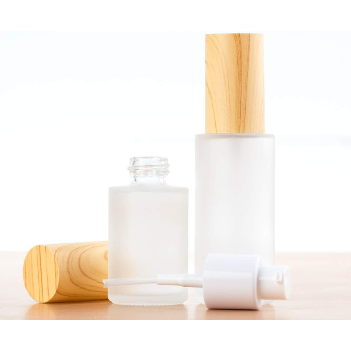 3Pcs 20Ml 0.7Oz Matte Glass Pump Bottles Travel Pump Bottle Lotion Bottle Travel Container Soap Dispenser Toiletries Bottle Containers With Wood Grain Lid For Shampoo Cream Liquid Essential Oils