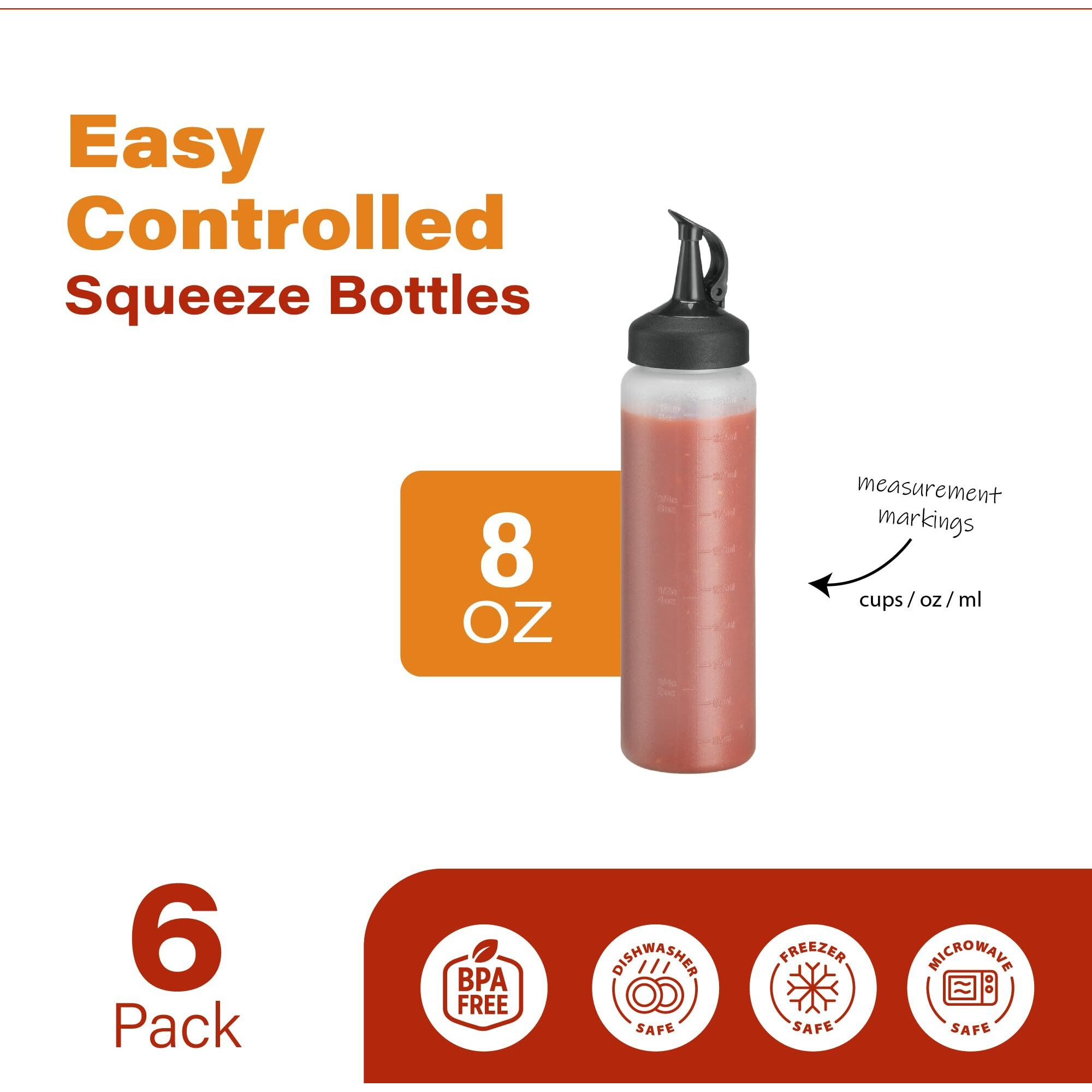 6 Pack Condiment Squeeze Bottles For Sauces - 8 Oz Squirt Bottles For Liquids, Easy Pour Sauce Bottles With Leak Proof Snap Cap, Condiment Bottles, Plastic Squeeze Bottles For Liquids, Ketchup, Oil