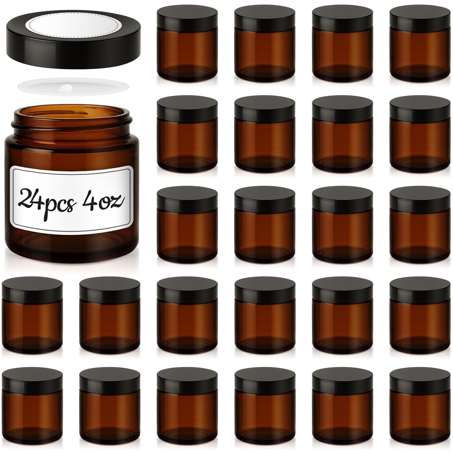 4 Oz Glass Jars With Lids, 24 Pack Amber Small Glass Jars With Black Lids Leakproof Round Airtight Empty Cosmetic Travel Containers With Inner Liners For Lotions Powders And Candle Making