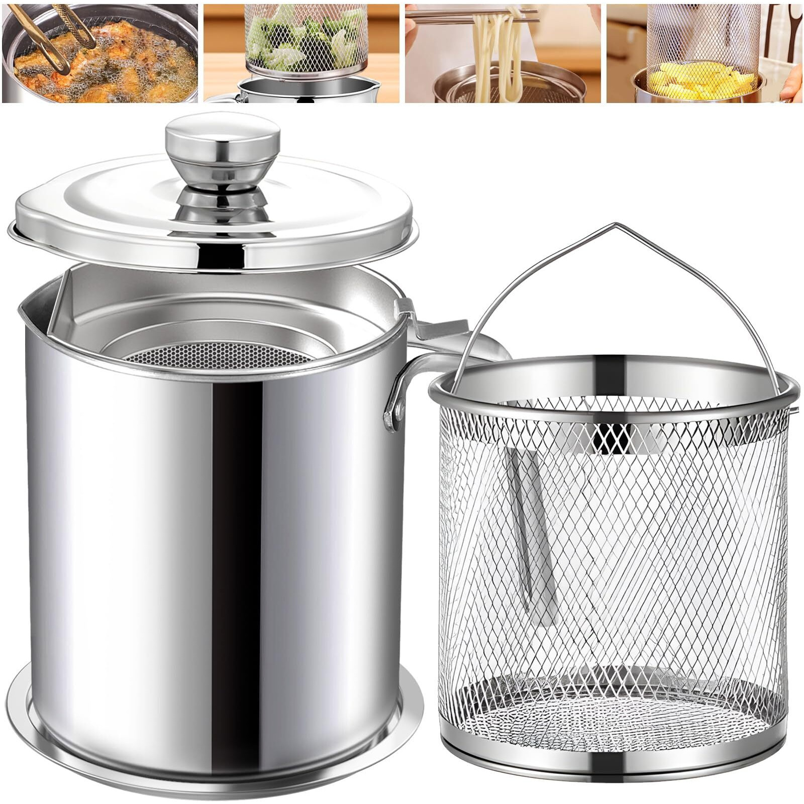 Chihee Grease Container Deep Fryer 2 In 1 Stainless Steel Bacon Grease Saver With Fine Mesh Strainer Fry Basket 2L / 67.6 Fl Oz Oil Container Grease Can With Lid Tray For Kitchen Storing Frying