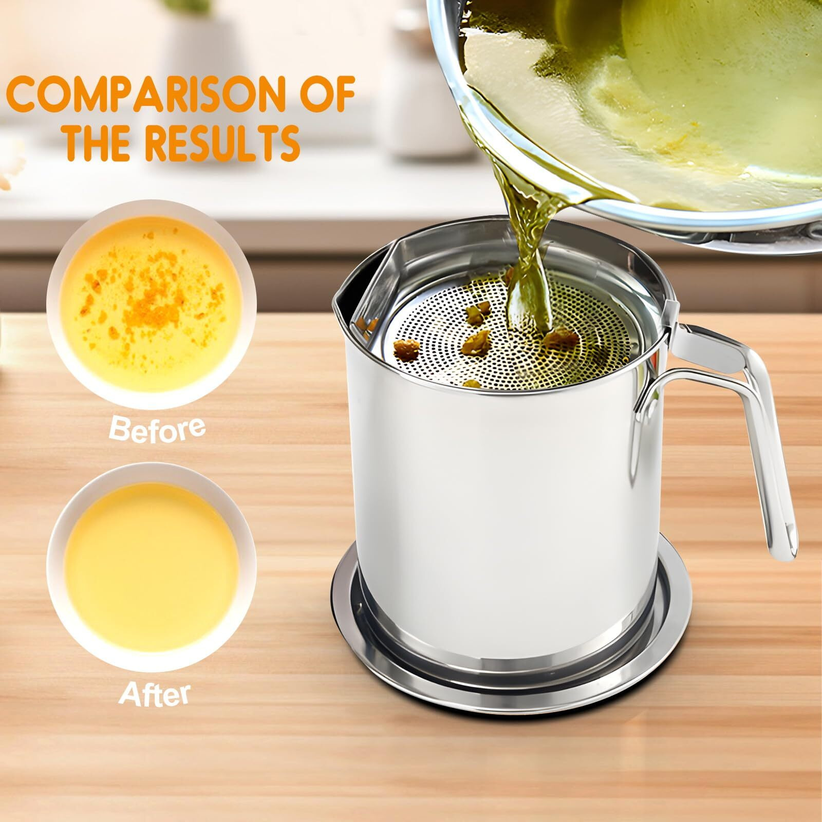 Chihee Grease Container Deep Fryer 2 In 1 Stainless Steel Bacon Grease Saver With Fine Mesh Strainer Fry Basket 2L / 67.6 Fl Oz Oil Container Grease Can With Lid Tray For Kitchen Storing Frying