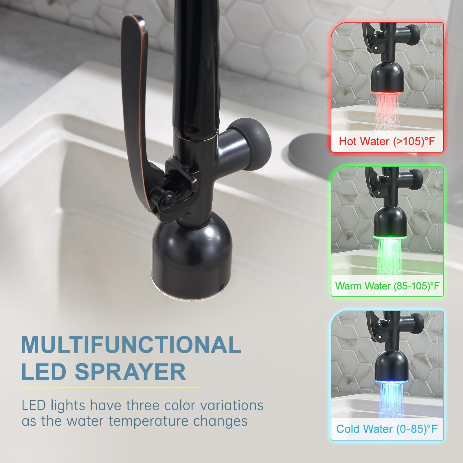 Gimili Oil Rubbed Bronze Kitchen Faucet With Led Single Handle Kitchen Sink Faucet With Pull Down Sprayer Commercial Double-Headed Stainless Steel Kitchen Faucets Sink With Deck Plate
