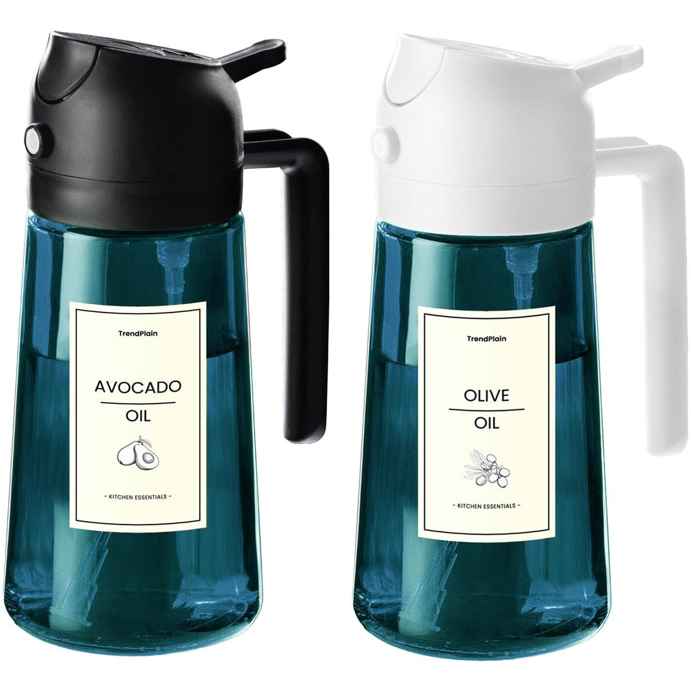 Trendplain 16Oz/470Ml Blue Glass Olive Oil Sprayer For Cooking - 2 In 1 Olive Oil Dispenser For Kitchen Gadgets, Air Fryer, Salad, And Bbq - Black & White