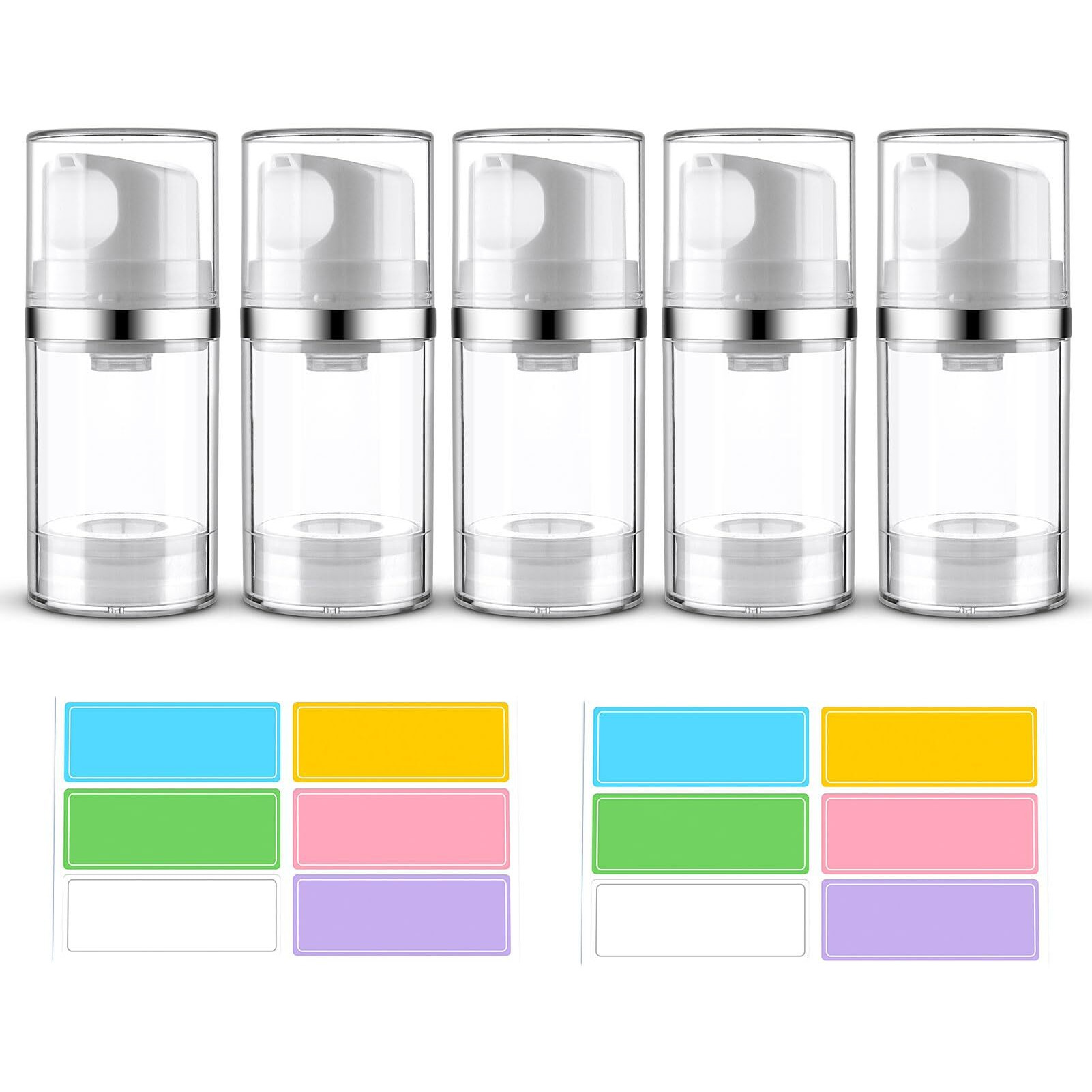 Decorniqu Airless Pump Bottles 1.7Oz/50Ml 5 Pack Travel Pump Bottles Lotion Dispenser For Toiletries Airless Cosmetic Pump Container Airless Pump Jar For Toiletries Shampoo Cream With Labels(Clear)