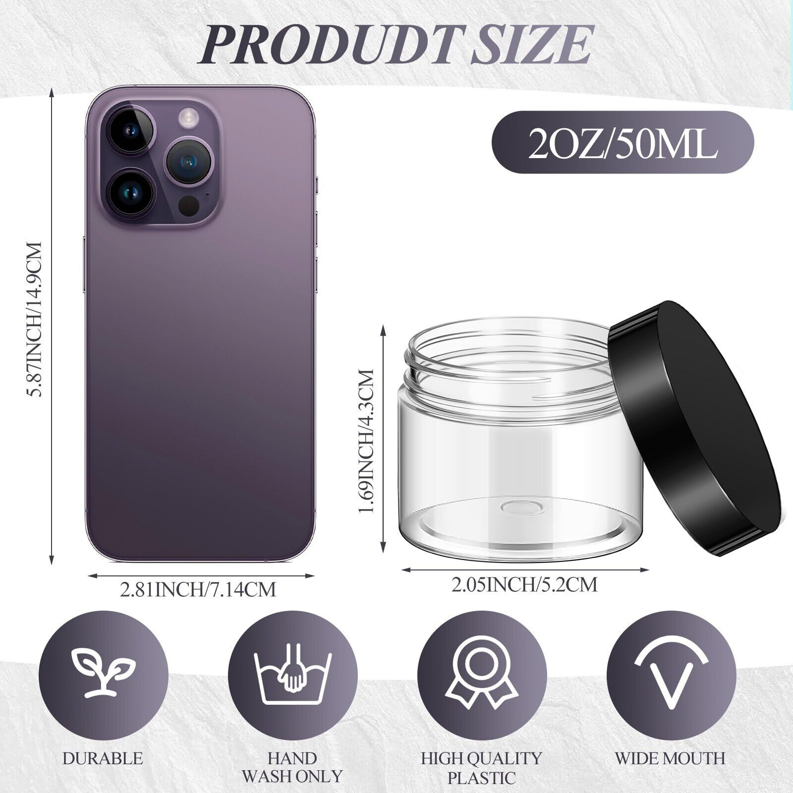 Patelai 60 Pcs Plastic Container Jars With Lids Round Clear Travel Cosmetic Container Jars For Toiletries, Lotion, Cream, Ointments, Makeup, Rhinestone, Samples, Kitchen Storage(Black,2 Oz)