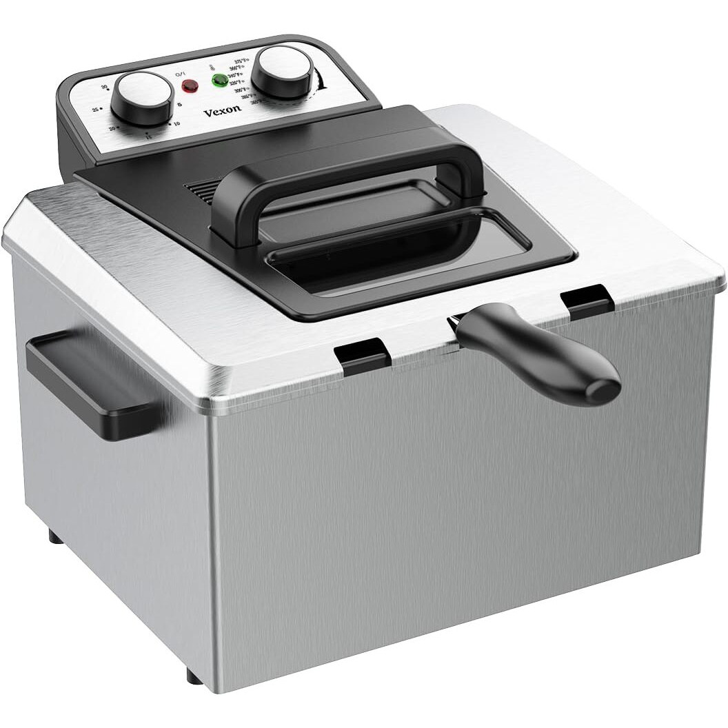 Vexon 5 Liters/21 Cups Deep Fryer, Electirc Deep Fryer With Baskets Home Use, 1800-Watt, Adjustable Temperature, Viewing Window (One Big Frying Basket, Stainless Steel, 5 Liters/21 Cups Oil Capacity)