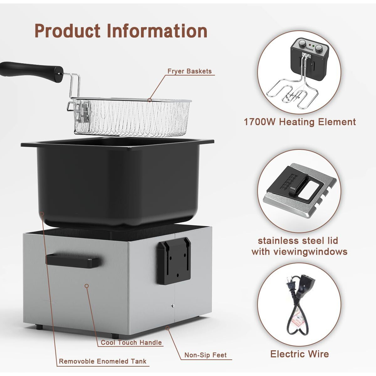Vexon 5 Liters/21 Cups Deep Fryer, Electirc Deep Fryer With Baskets Home Use, 1800-Watt, Adjustable Temperature, Viewing Window (One Big Frying Basket, Stainless Steel, 5 Liters/21 Cups Oil Capacity)