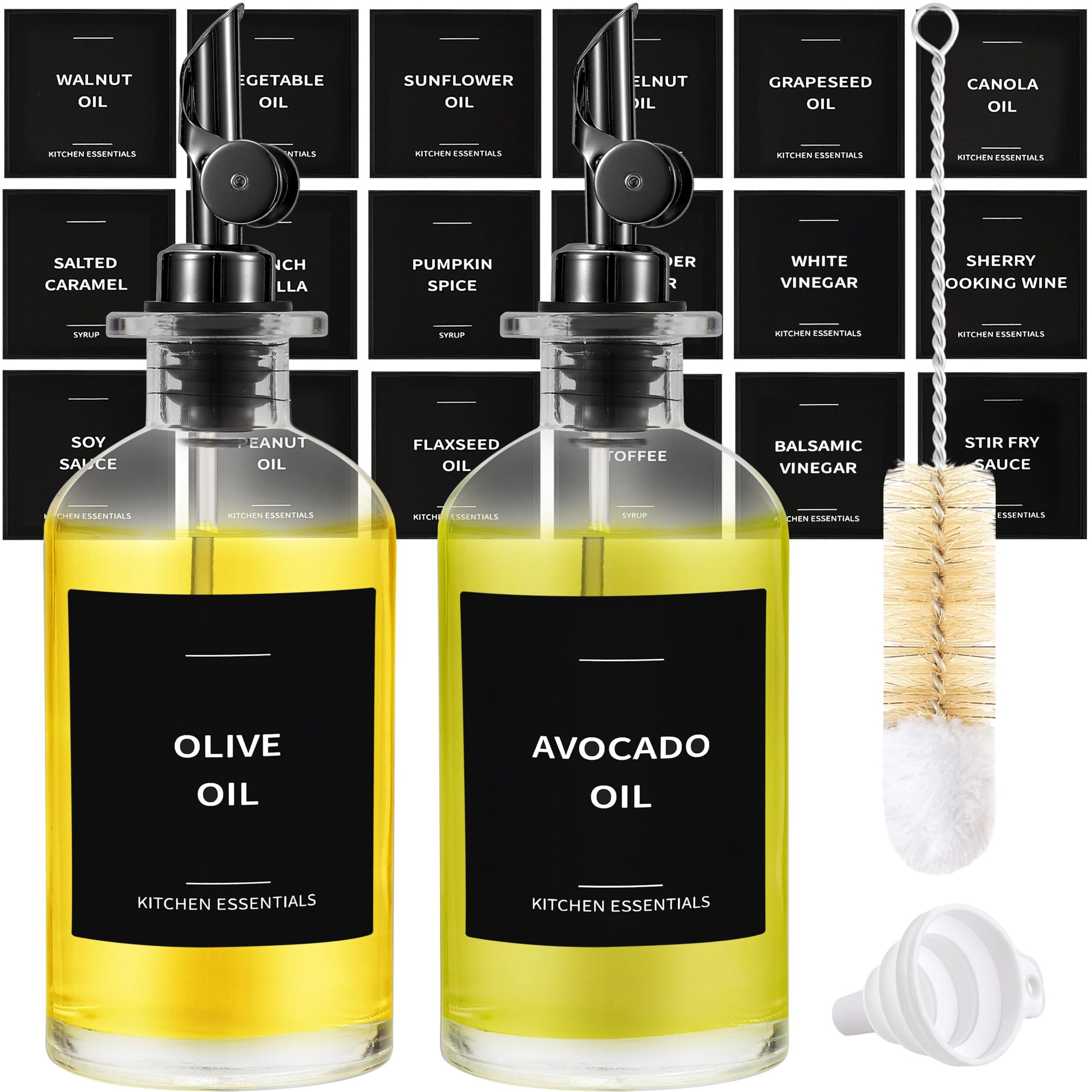 Spaceneat Olive Oil Dispenser Bottle - Includes 55 Kitchen Essential Labels - Cooking Oil Bottles For Kitchen, Coffee Syrup Dispenser - Pourer Spout With 11.8 Fl Oz Glass Container Cruet - 2Pcs, Black