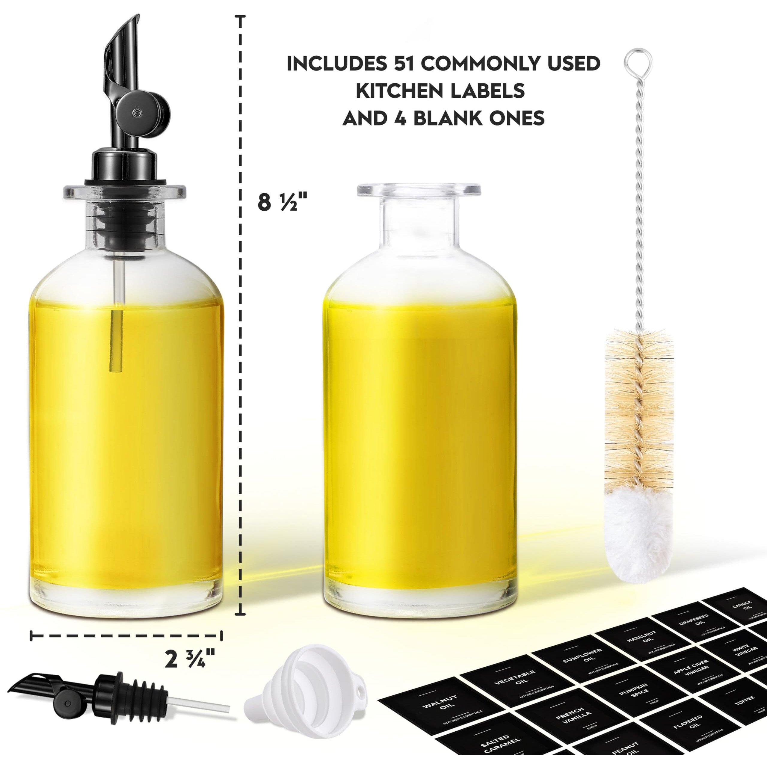Spaceneat Olive Oil Dispenser Bottle - Includes 55 Kitchen Essential Labels - Cooking Oil Bottles For Kitchen, Coffee Syrup Dispenser - Pourer Spout With 11.8 Fl Oz Glass Container Cruet - 2Pcs, Black