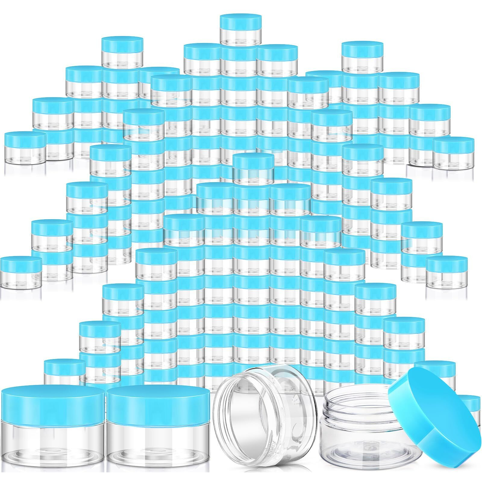 Satinior 100 Pcs Plastic Jars With Lids Small Containers Lids Wide Mouth Small Plastic Containers For Lotion Cream Rhinestones Body Butters Travel Storage(10 Oz,Clear With Blue Lid)