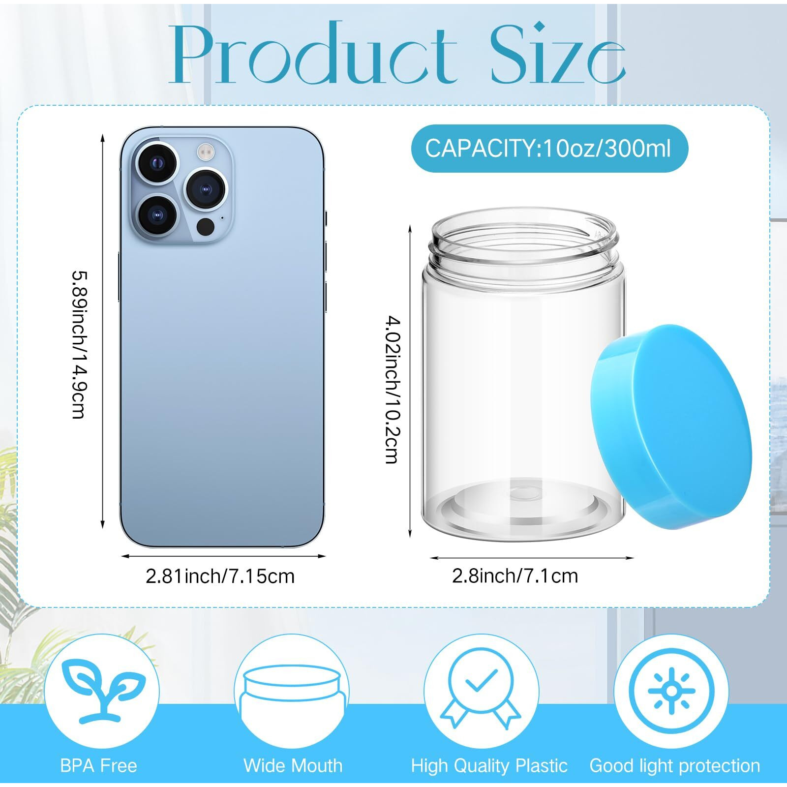 Satinior 100 Pcs Plastic Jars With Lids Small Containers Lids Wide Mouth Small Plastic Containers For Lotion Cream Rhinestones Body Butters Travel Storage(10 Oz,Clear With Blue Lid)
