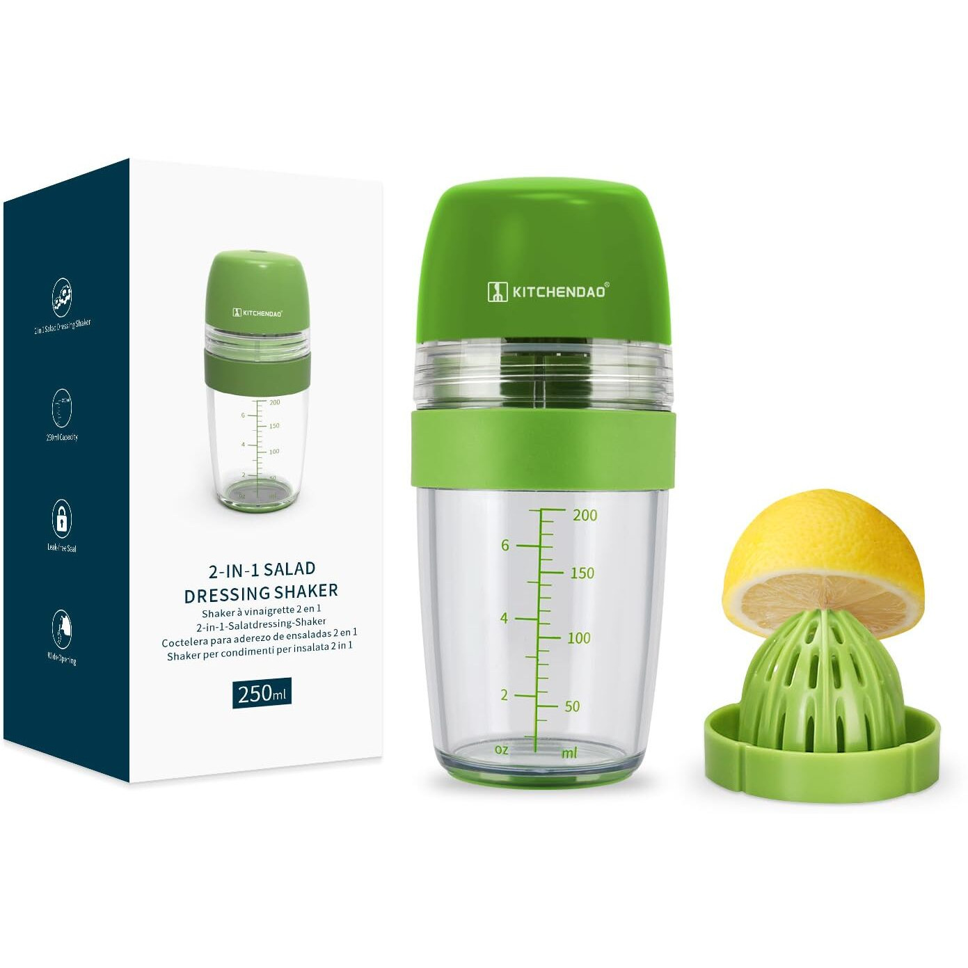 Kitchendao 2 In 1 Salad Dressing Shaker Bottle With Juicer, Pour Spout, Leakproof, Soft Grip, Dishwasher Safe, Bpa Free Travel Homemade Oil And Vinegar Salad Dressing Container Mixer Dispenser, 1 Cup