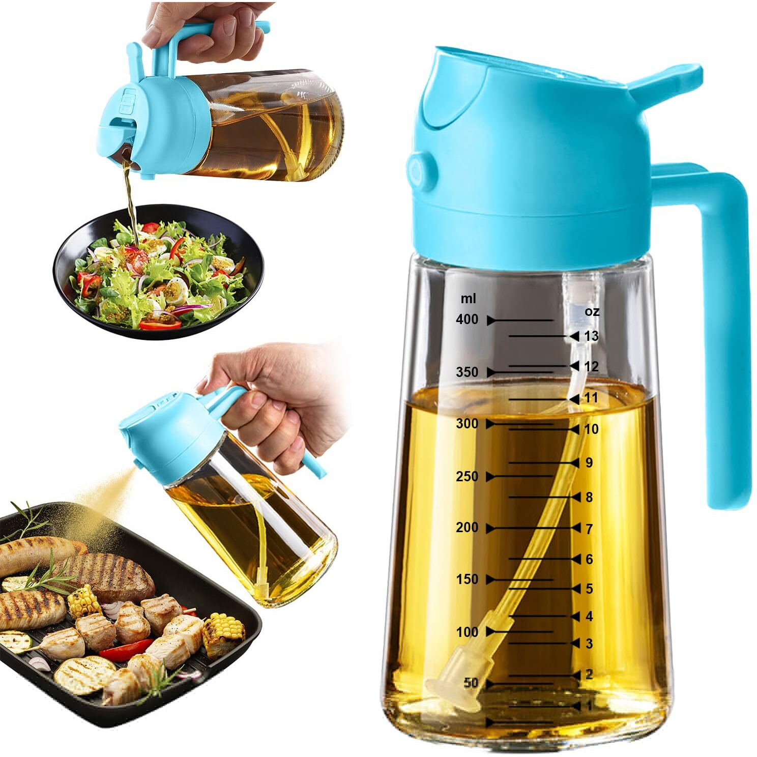 Trendplain 16Oz/470Ml Glass Olive Oil Sprayer For Cooking - 2 In 1 Olive Oil Dispenser Bottle For Kitchen Gadgets And Air Fryer Accessories, Salad, Bbq - Sky Blue