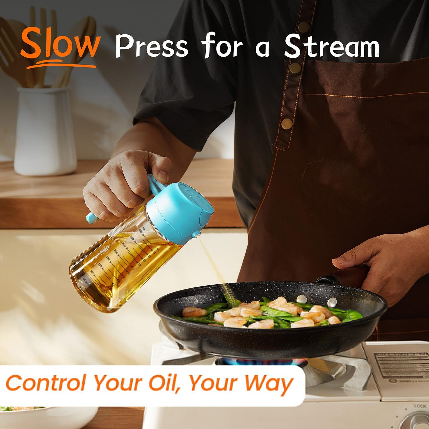 Trendplain 16Oz/470Ml Glass Olive Oil Sprayer For Cooking - 2 In 1 Olive Oil Dispenser Bottle For Kitchen Gadgets And Air Fryer Accessories, Salad, Bbq - Sky Blue