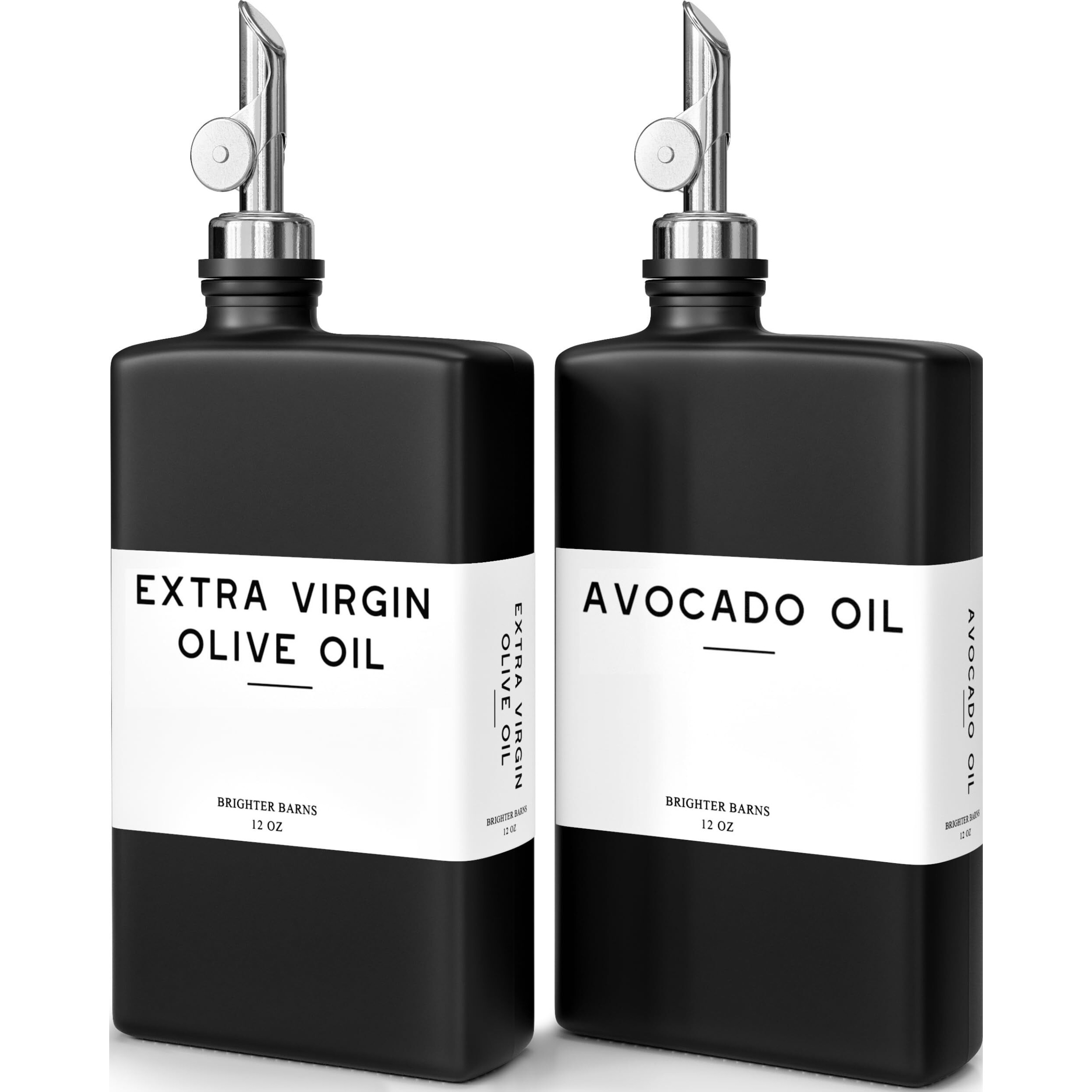Black Glass Olive Oil Dispenser Bottle For Kitchen By Brighter Barns - Soy Sauce Dispenser, Coffee Syrup Bottle - Modern Kitchen Decor For Restaurant, Airbnb, Coffee Bar Accessories (Black, Set Of 2)