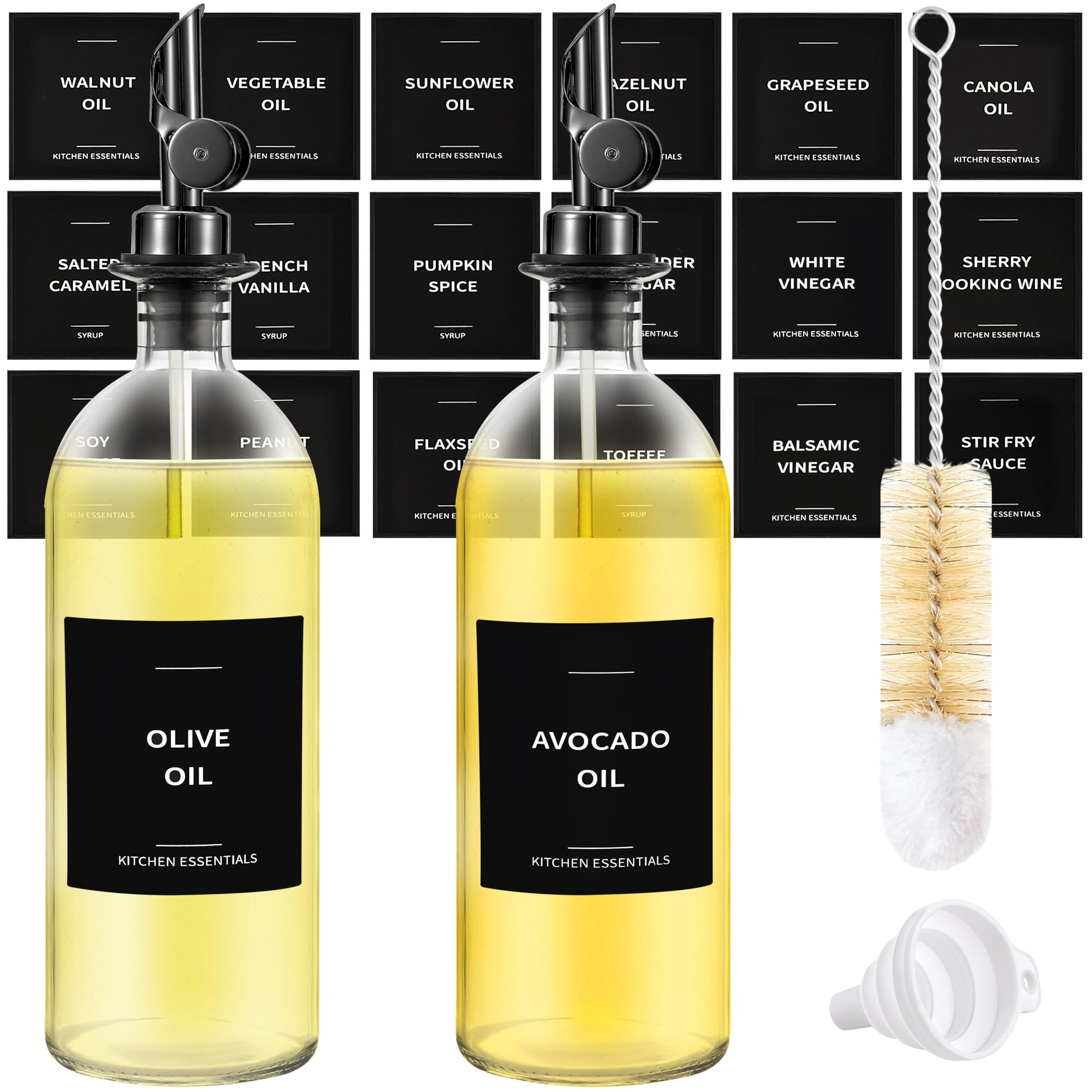 Spaceneat Olive Oil Dispenser Bottle - Includes 55 Kitchen Essential Labels - Cooking Oil Bottles For Kitchen, Coffee Syrup Dispenser - Pourer Spout With 16.9 Fl Oz Glass Container Cruet - 2Pcs, Black