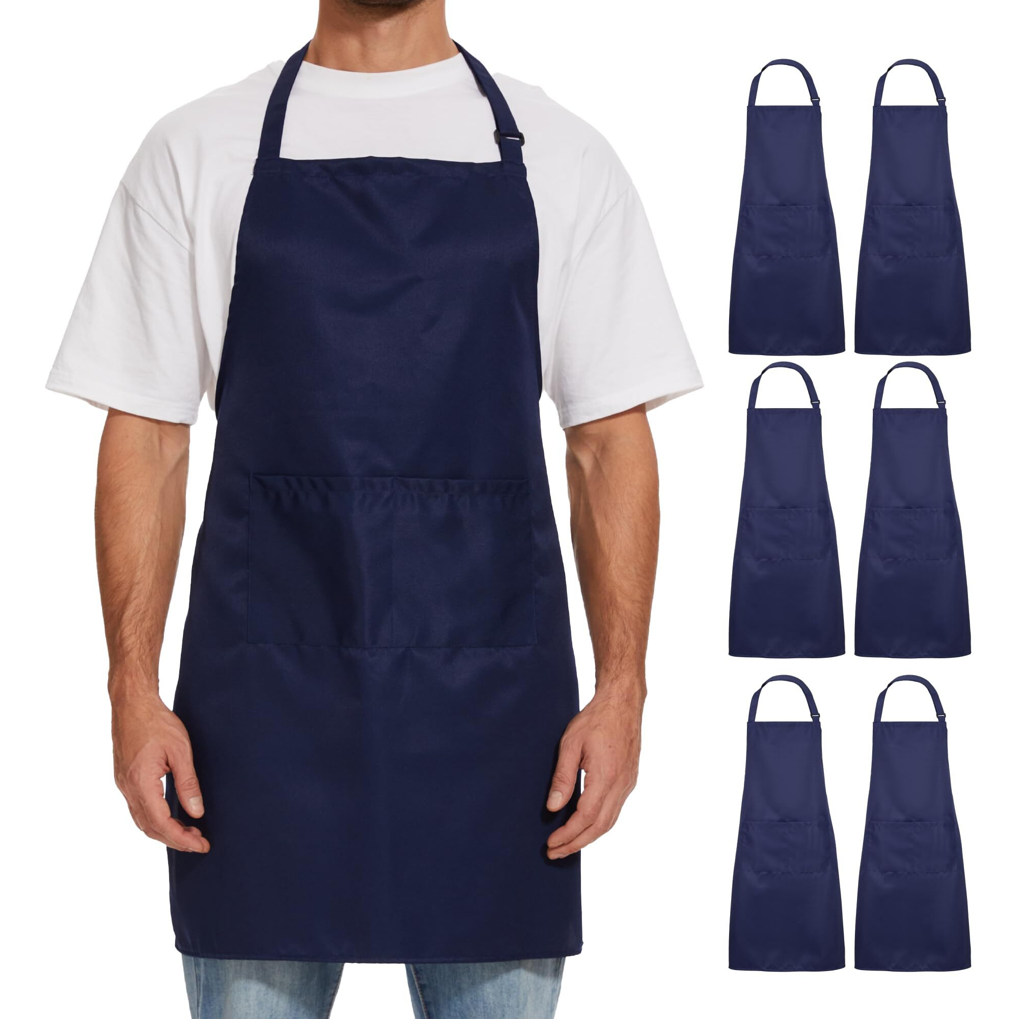 Will Well Kitchen Apron For Men And Women - 33"" X 27"" Oil-And-Water-Resistant With Adjustable Neck Strap And 38"" Waist Ties For A Snug Fit, Lightweight With 2 Front Pockets - 6-Pack, Navy