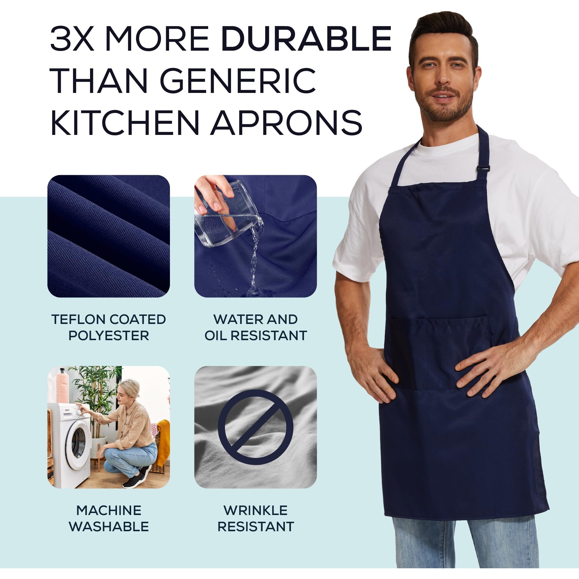 Will Well Kitchen Apron For Men And Women - 33"" X 27"" Oil-And-Water-Resistant With Adjustable Neck Strap And 38"" Waist Ties For A Snug Fit, Lightweight With 2 Front Pockets - 6-Pack, Navy