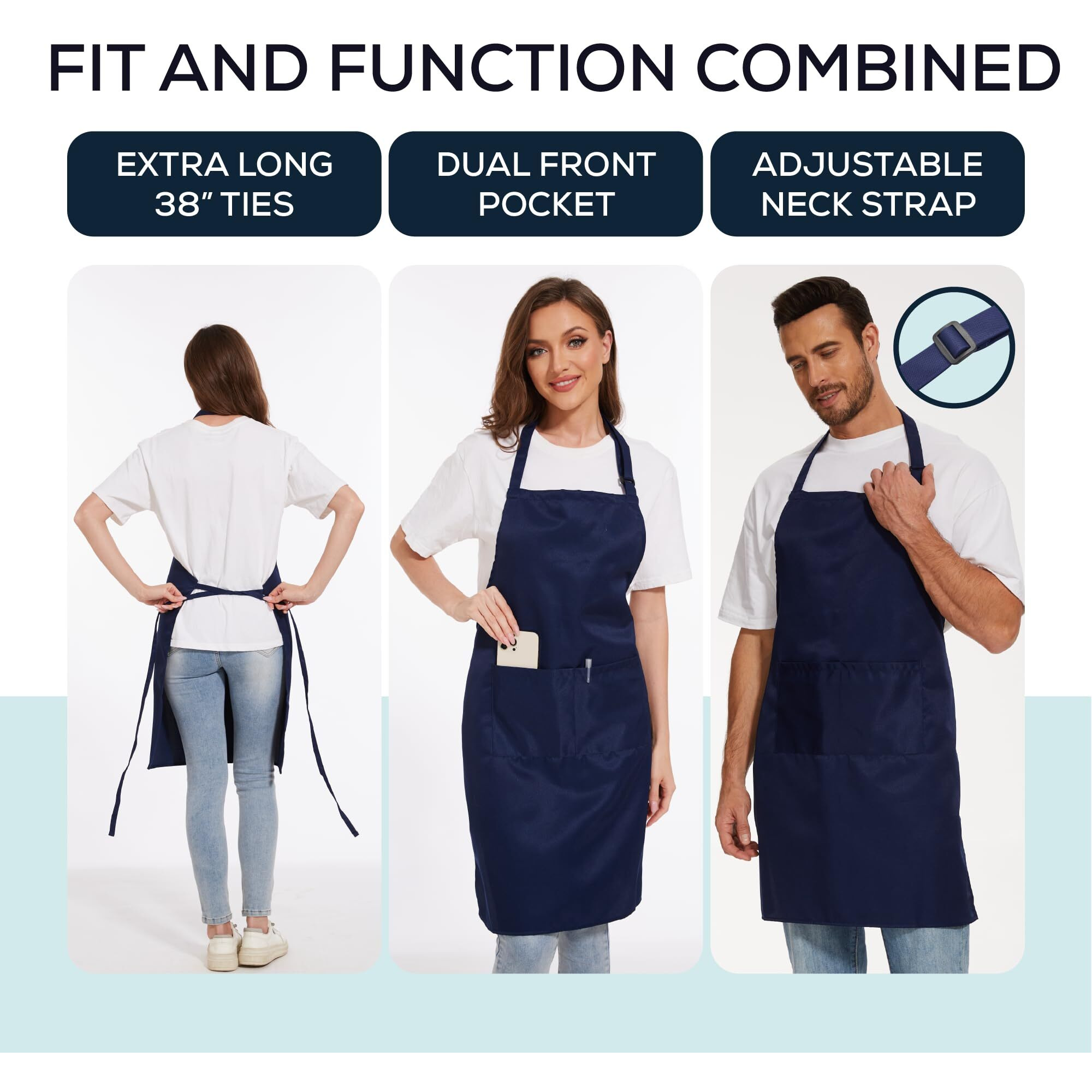 Will Well Kitchen Apron For Men And Women - 33"" X 27"" Oil-And-Water-Resistant With Adjustable Neck Strap And 38"" Waist Ties For A Snug Fit, Lightweight With 2 Front Pockets - 6-Pack, Navy