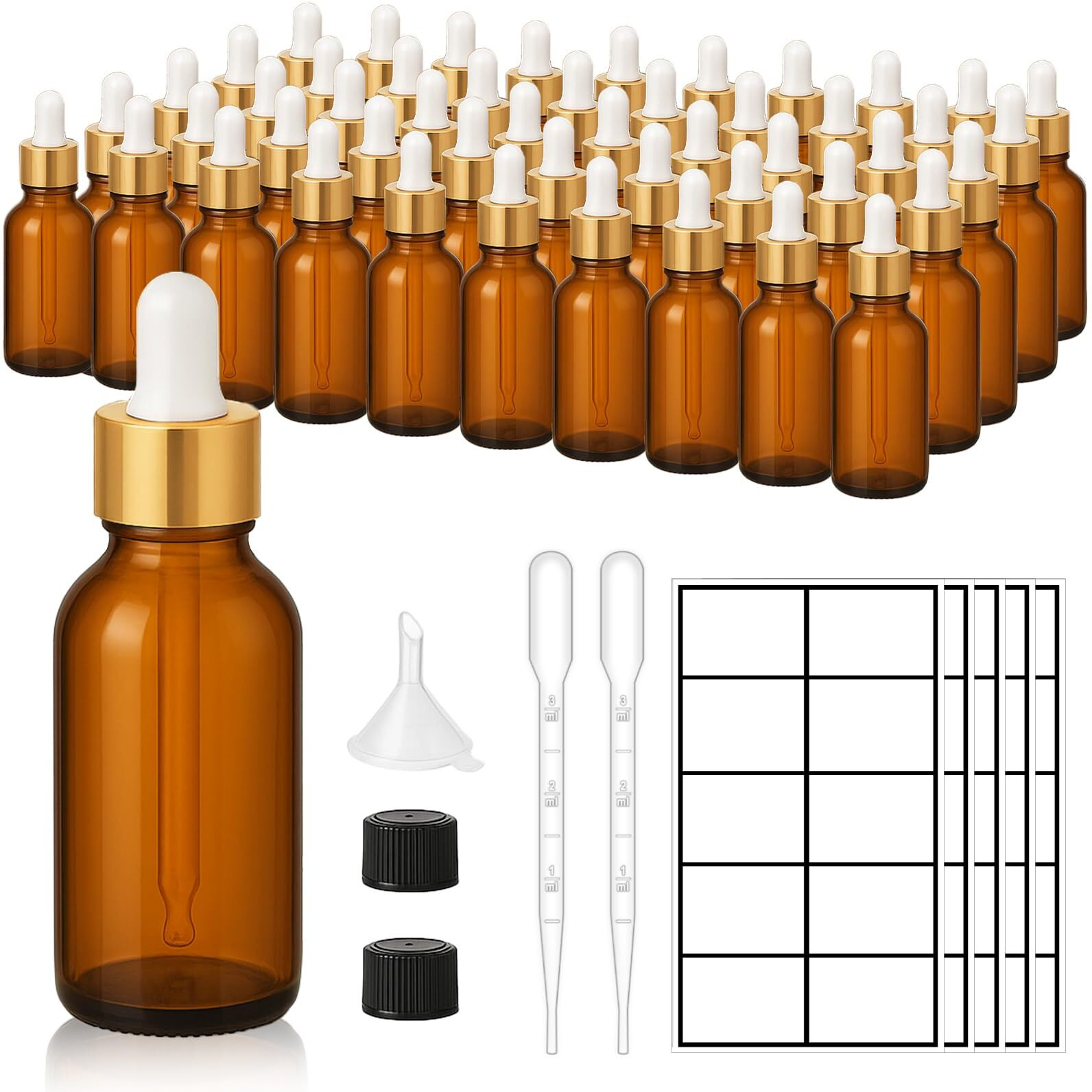 Upbud 50Pack 1Oz Amber Glass Dropper Bottles With Gold Lids, Funnels, Droppers, Extra Caps & Labels - Leakproof, Uv Resistant 30Ml Empty Bottle For Tinctures, Essential Oils, Beard, Hair Oils