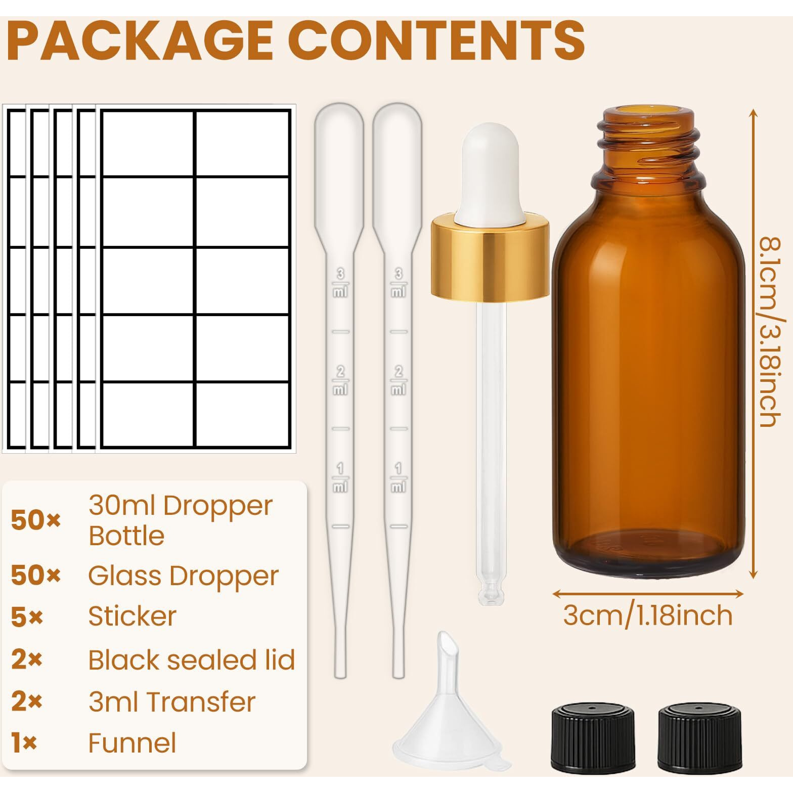 Upbud 50Pack 1Oz Amber Glass Dropper Bottles With Gold Lids, Funnels, Droppers, Extra Caps & Labels - Leakproof, Uv Resistant 30Ml Empty Bottle For Tinctures, Essential Oils, Beard, Hair Oils