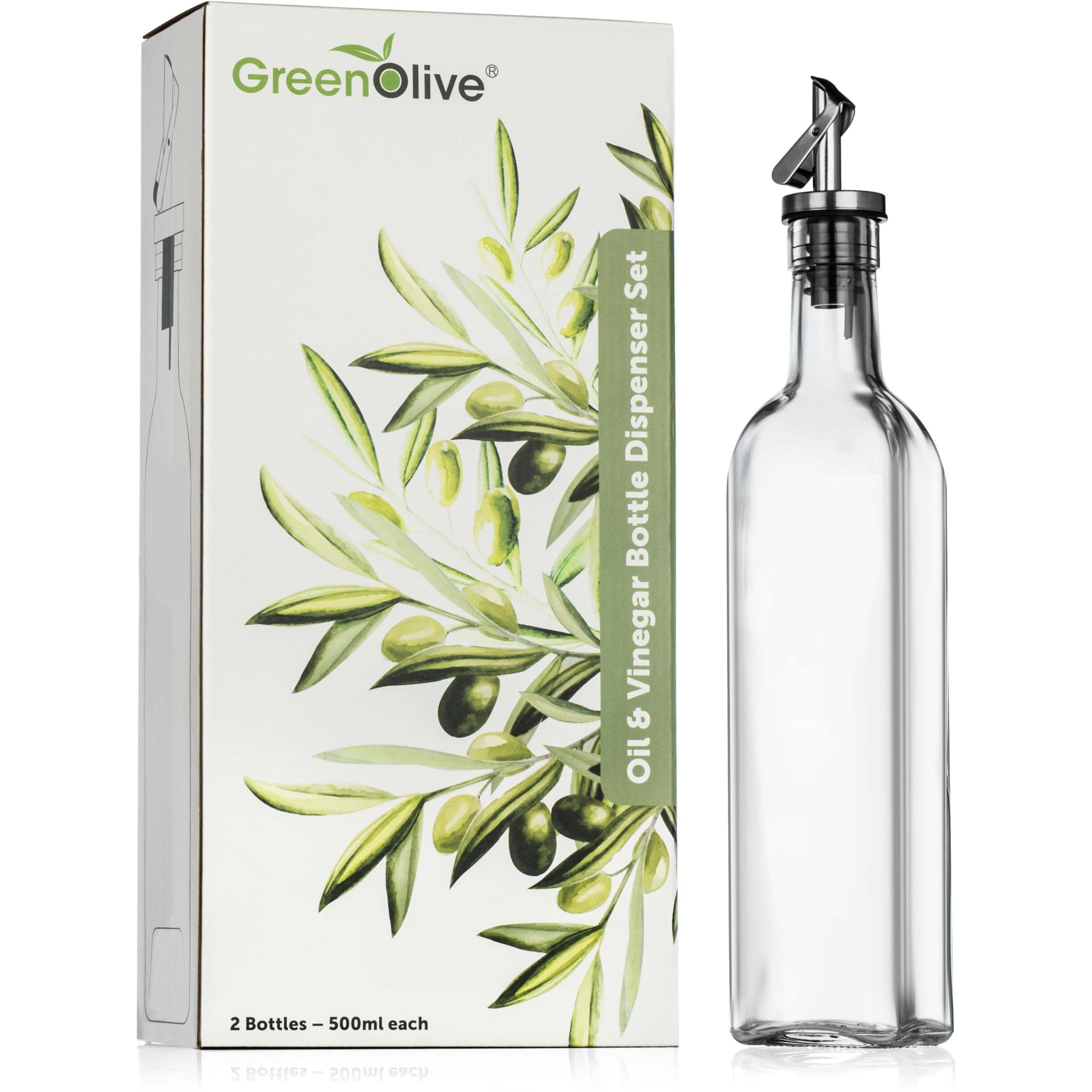 Greenolive Olive Oil Dispenser Bottle - 17 Oz. Clear Glass Bottle With No-Drip Bpa-Free Spout - Ideal For Kitchen And Cooking Essentials - Single Bottle
