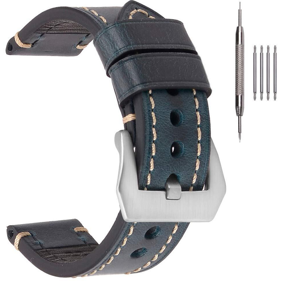 Eache 26Mm Leather Watch Bands Thick Imported Oil Waxed Leather Watch Straps Blue With Silver Buckle
